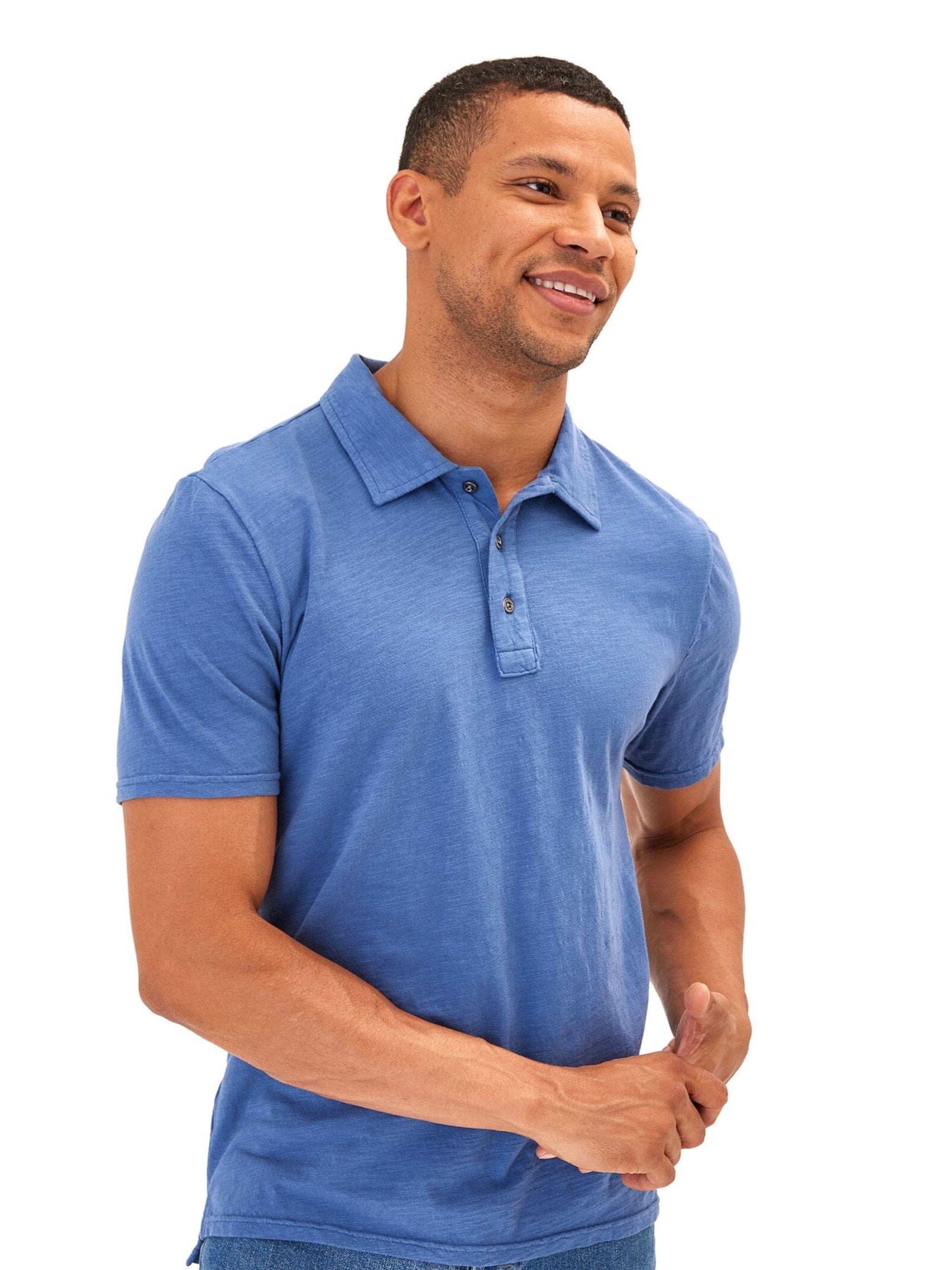 Close up of 100% Organic Cotton slub jersey fabric polo shirt in a neutral tone