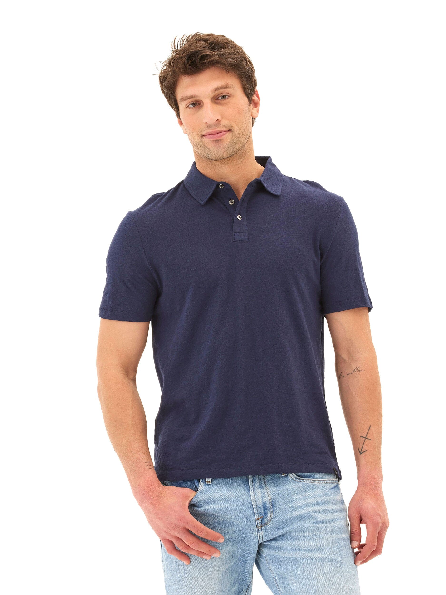 Close-up of a soft organic cotton slub jersey polo shirt showing the textured fabric weave