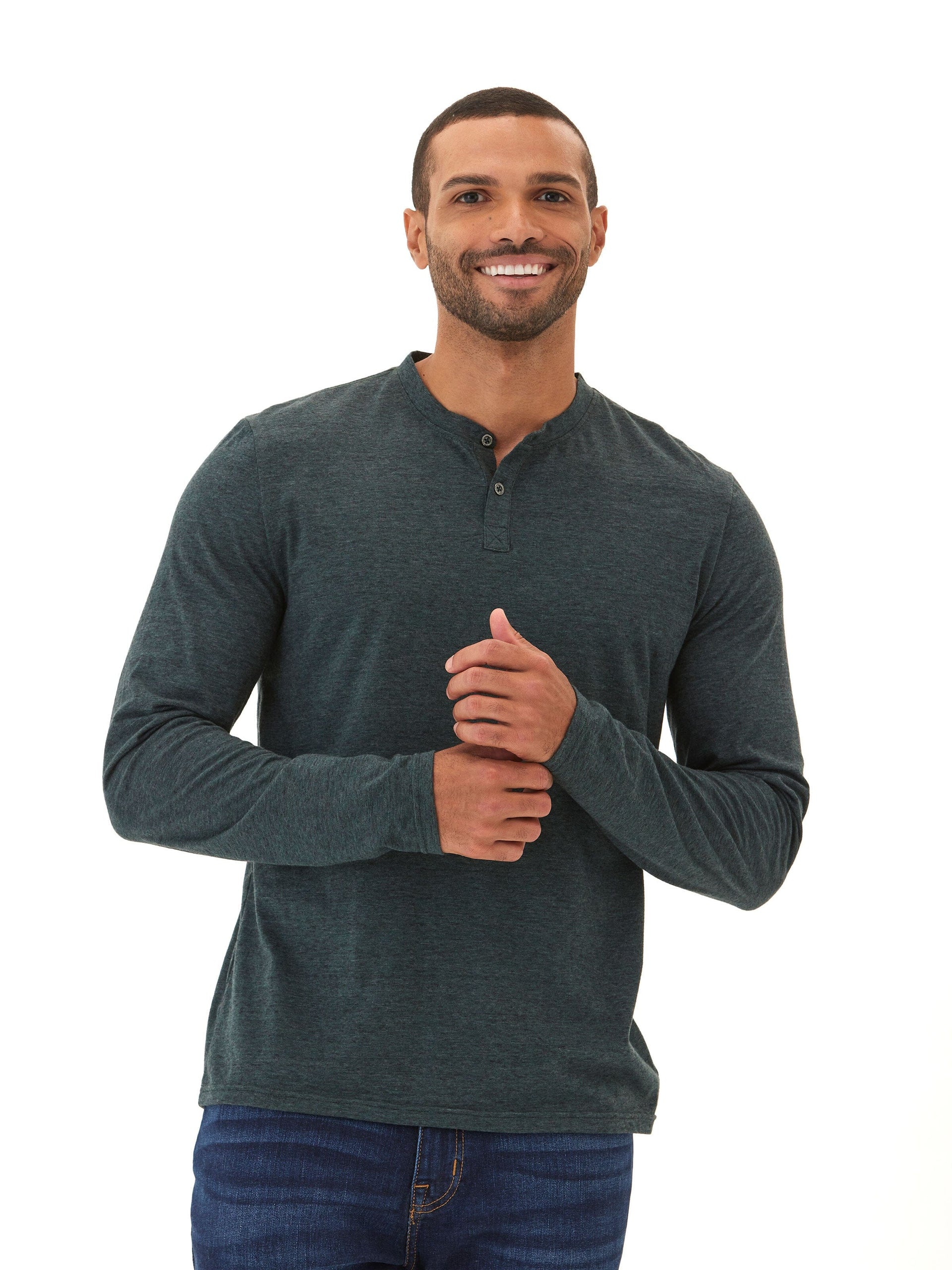 Close up of Black Fleck Long Sleeve Triblend Henley showing texture and button placket