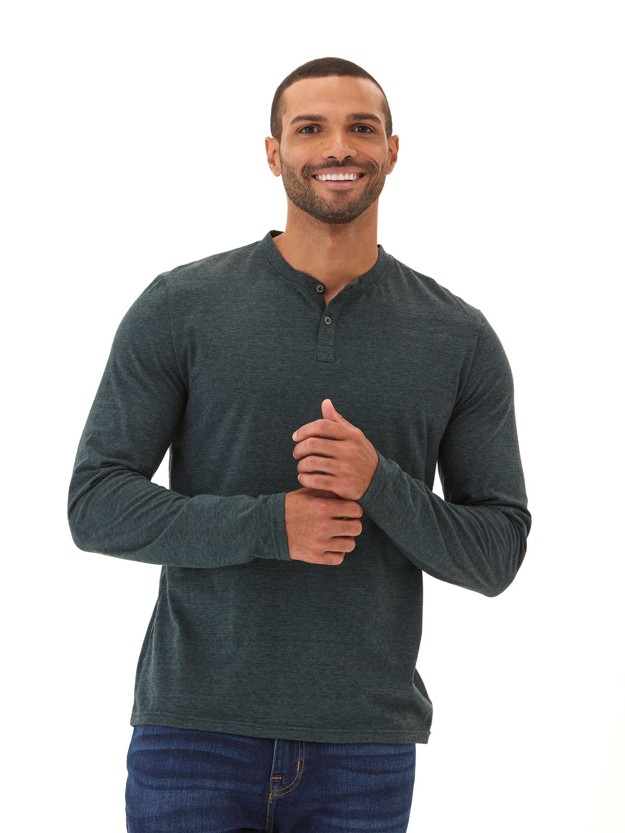 Close up of Black Fleck Long Sleeve Triblend Henley showing texture and button placket