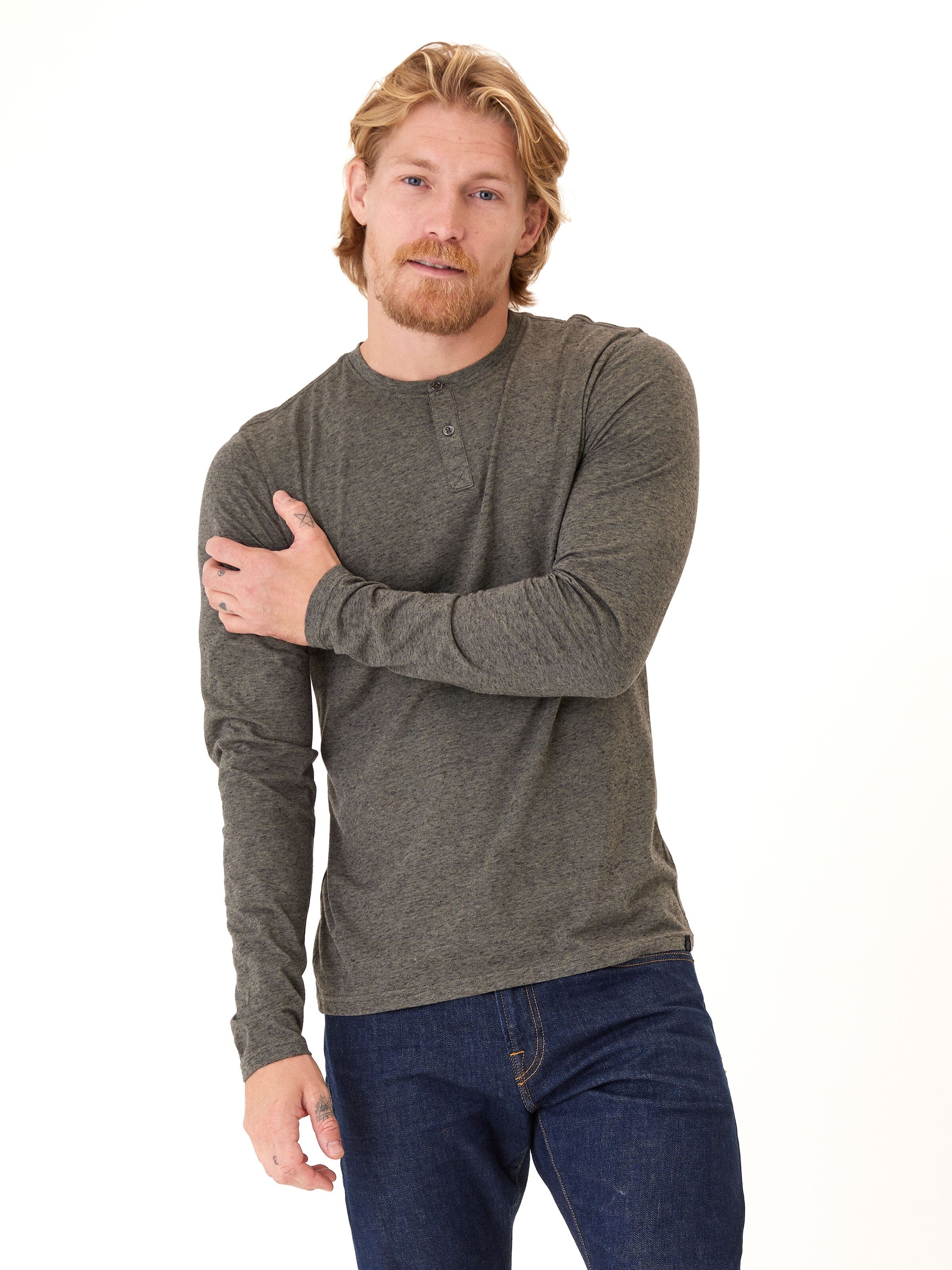 Braeden Long Sleeve Triblend Henley in Black Fleck