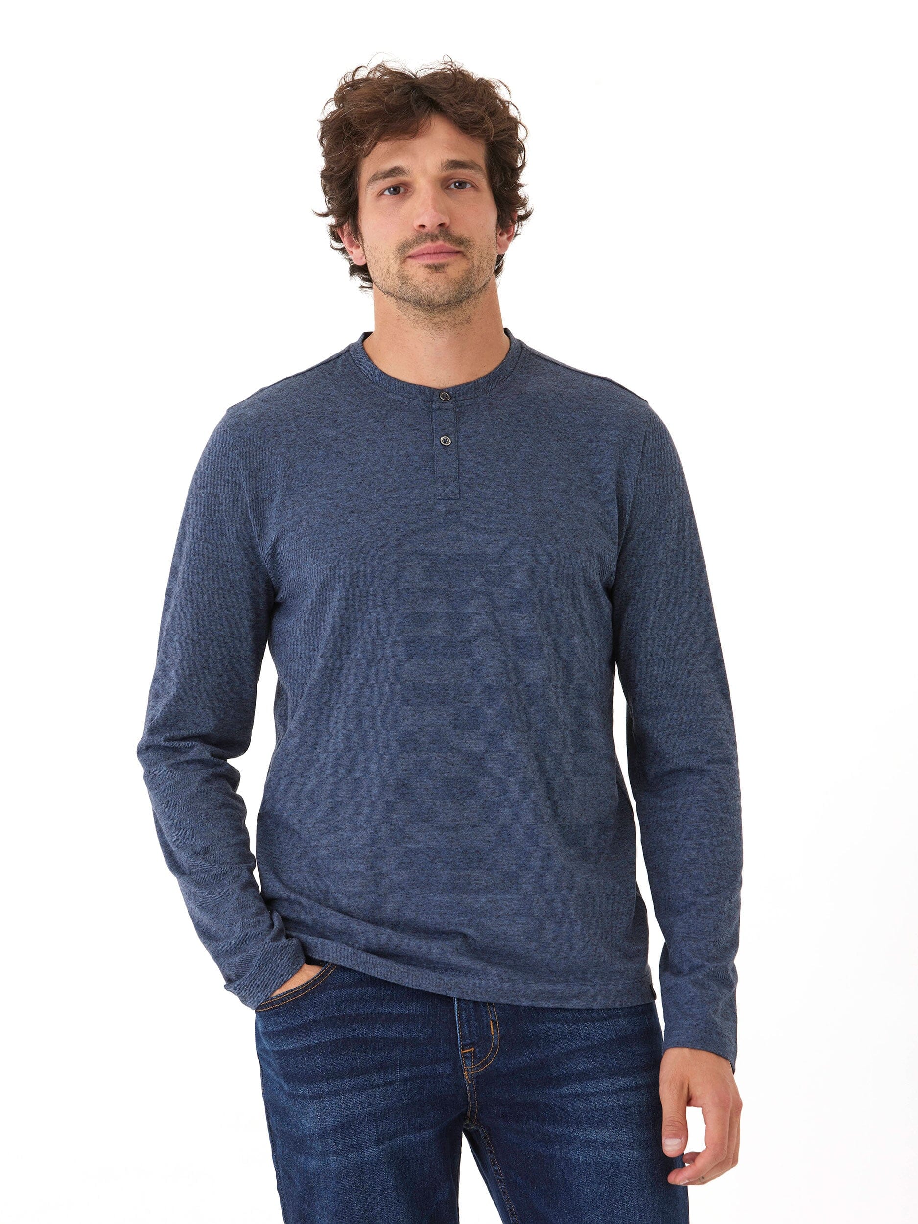 Braeden Black Fleck Long Sleeve Triblend Henley with button placket detail.
