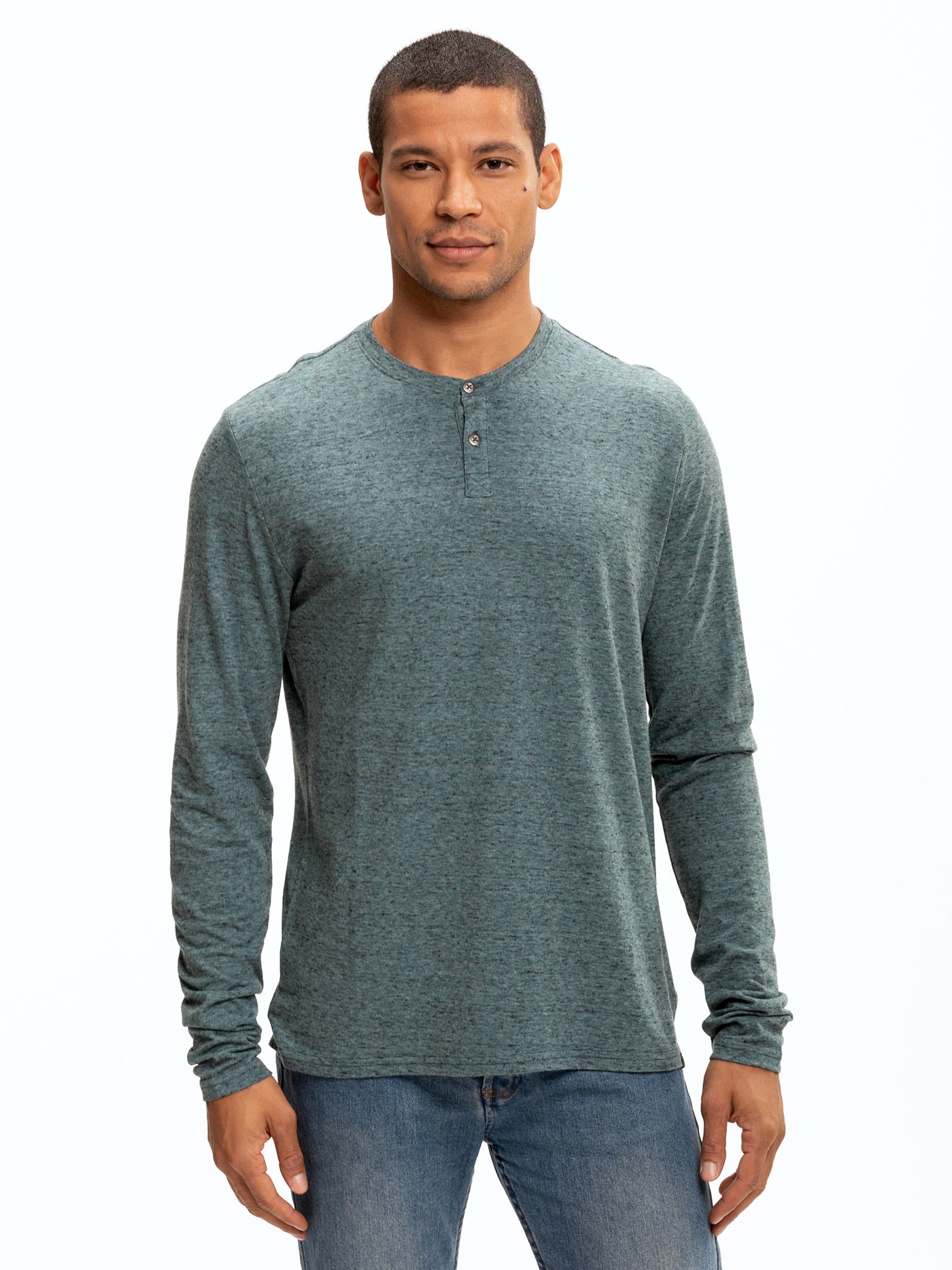 Braeden Black Fleck Long Sleeve Triblend Henley with long sleeves and ribbed cuffs