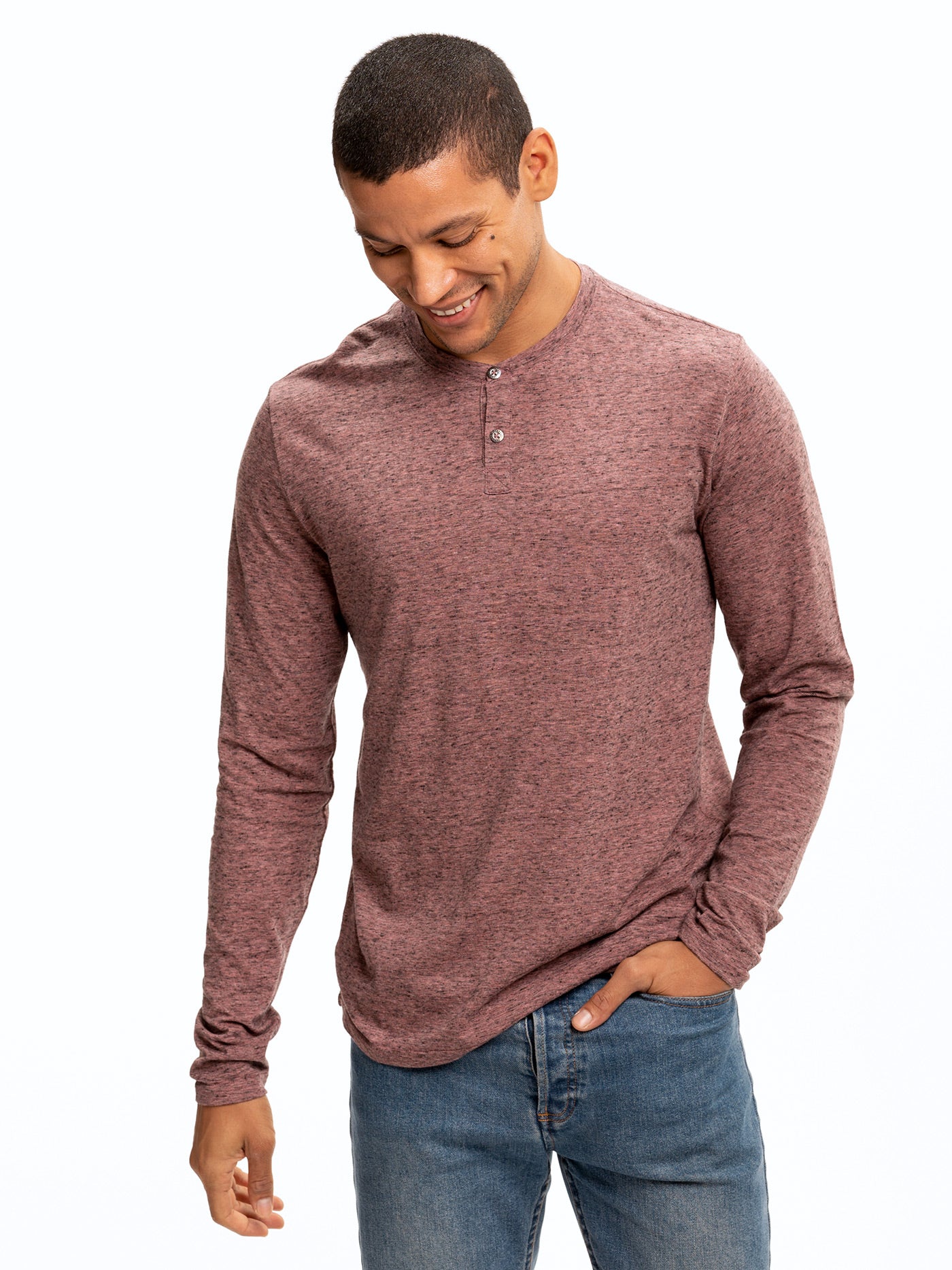 Braeden Black Fleck Long Sleeve Triblend Henley shirt with classic button placket