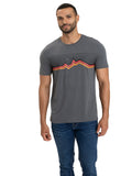 Men's charcoal grey triblend graphic tee with hand-drawn sunrise-tone design and crew neckline