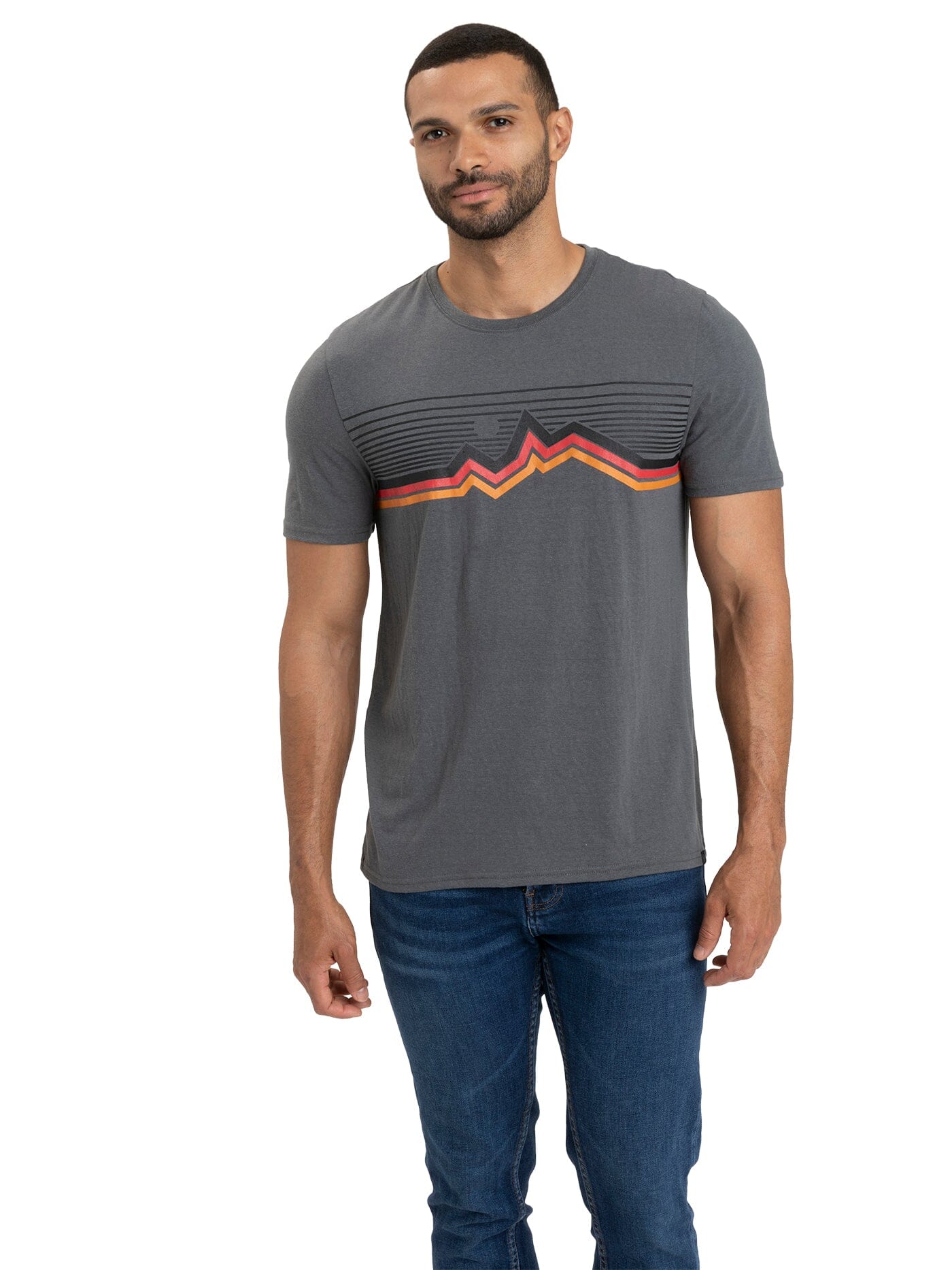 Men's charcoal grey triblend graphic tee with hand-drawn sunrise-tone design and crew neckline