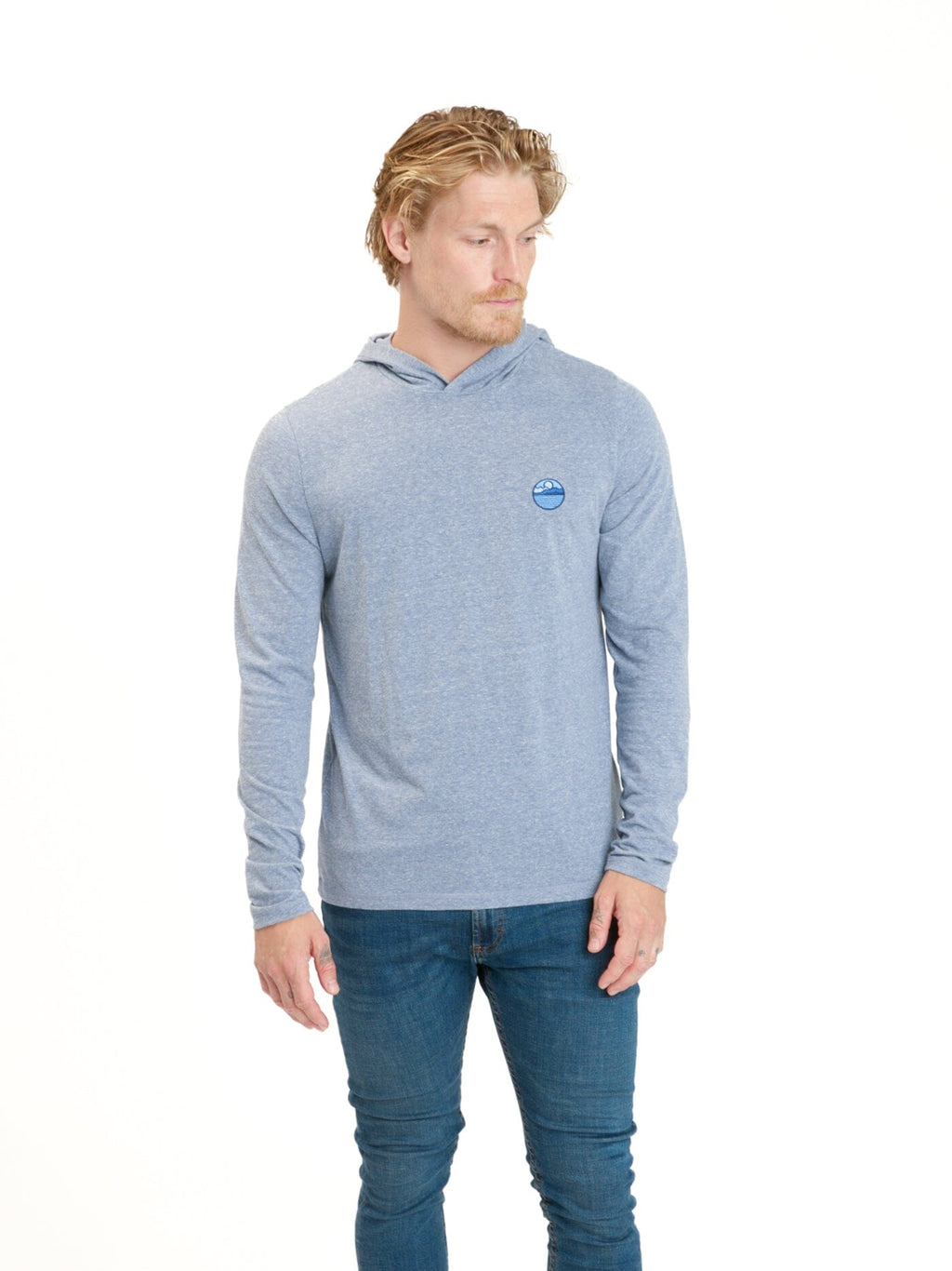 Men's Long Sleeve Triblend T-Shirt Hoodie in Heather Blue