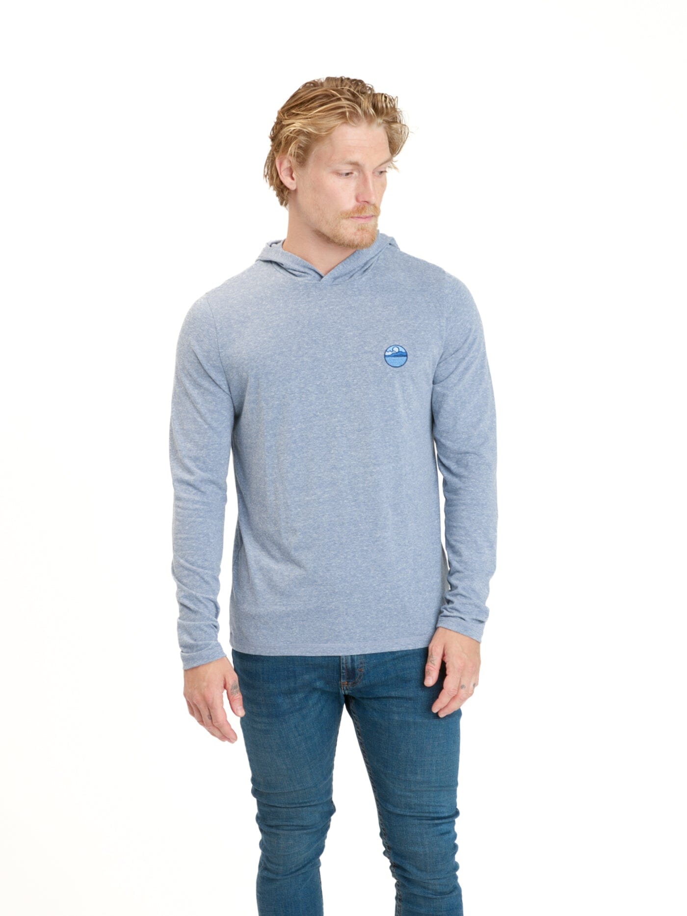 Men's Long Sleeve Triblend T-Shirt Hoodie in Heather Blue