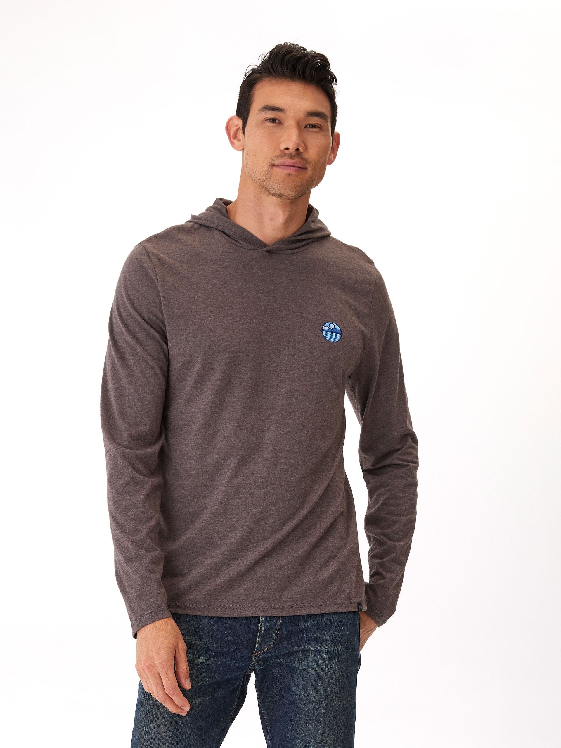 Men's Triblend Embroidery Hoodie Tee - Casual Long Sleeve Pullover