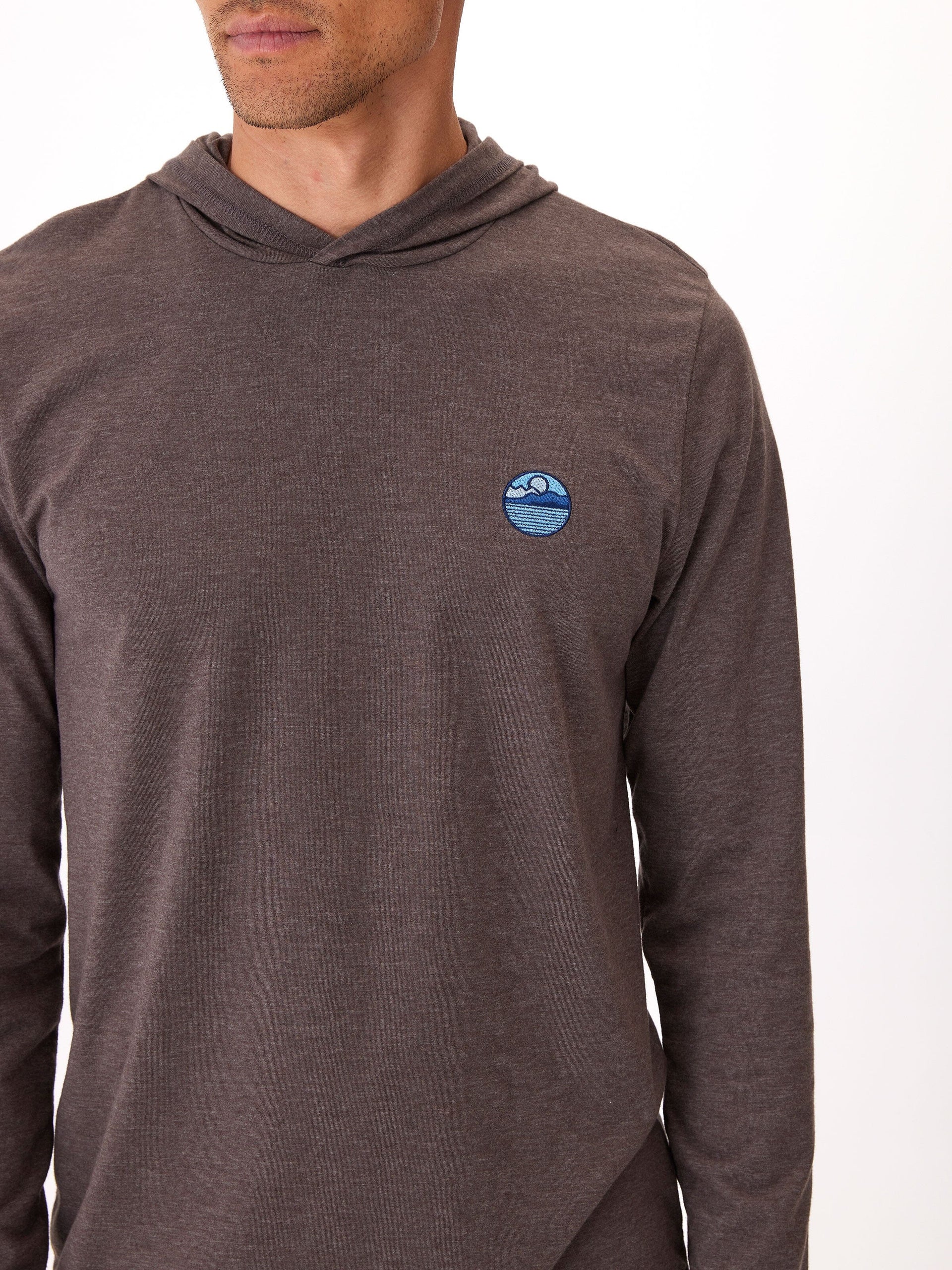 Men's Triblend Embroidery Hoodie Tee in dark-brown and heather-gray