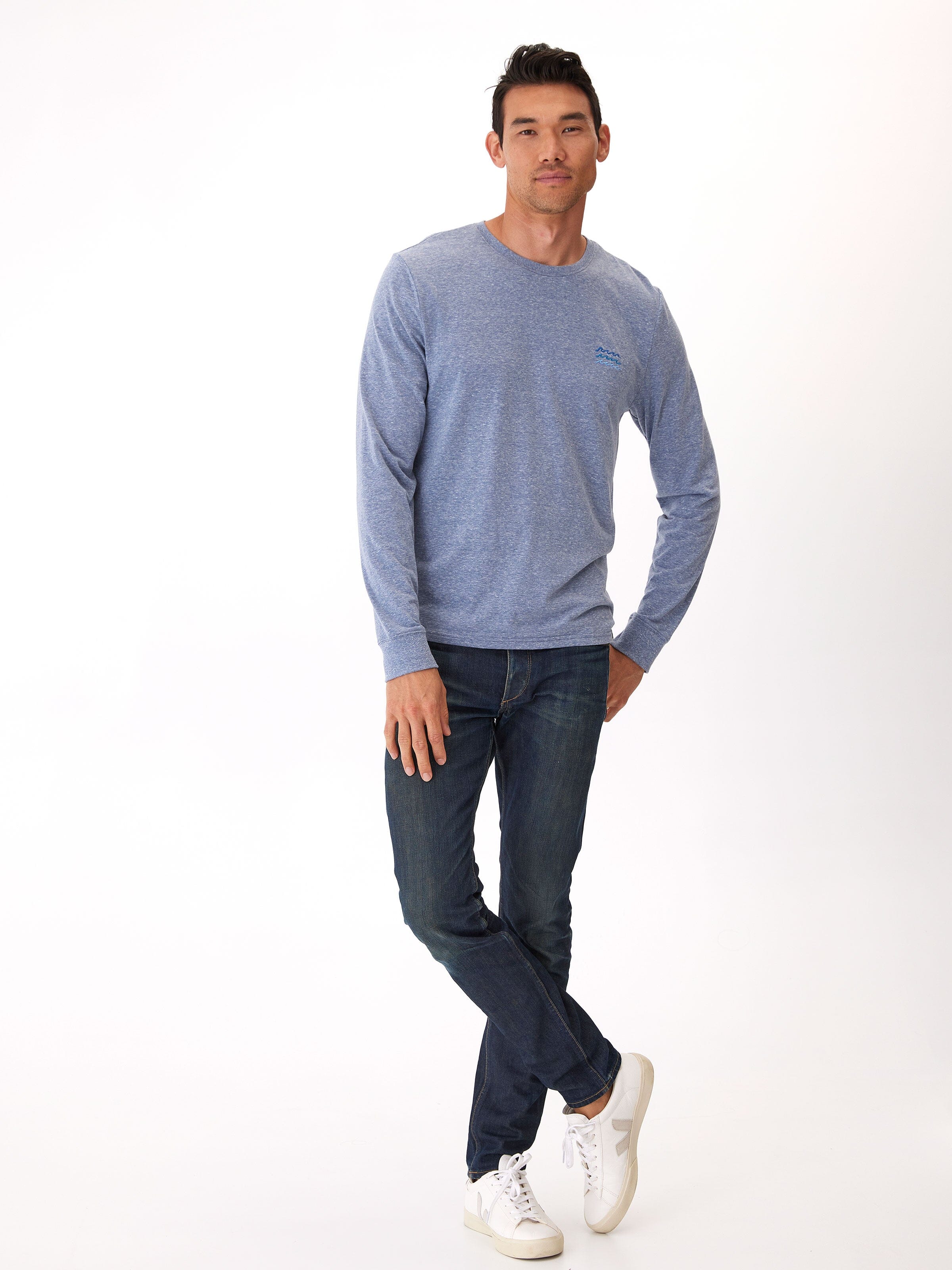 Long Sleeve Triblend Crewneck Tee with Embroidered Detail