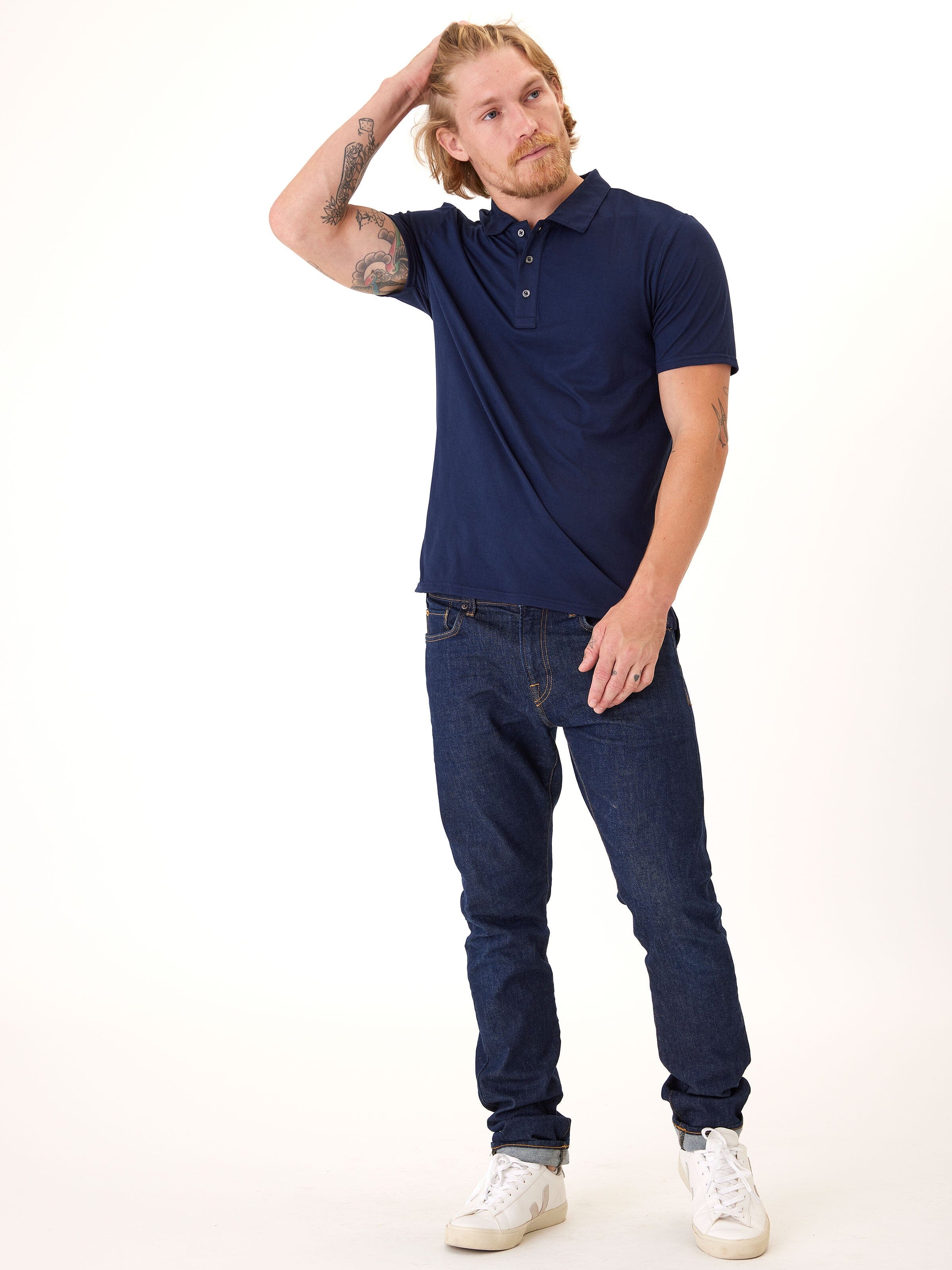 Henrique Luxe Jersey Polo Shirt in Navy Blue
