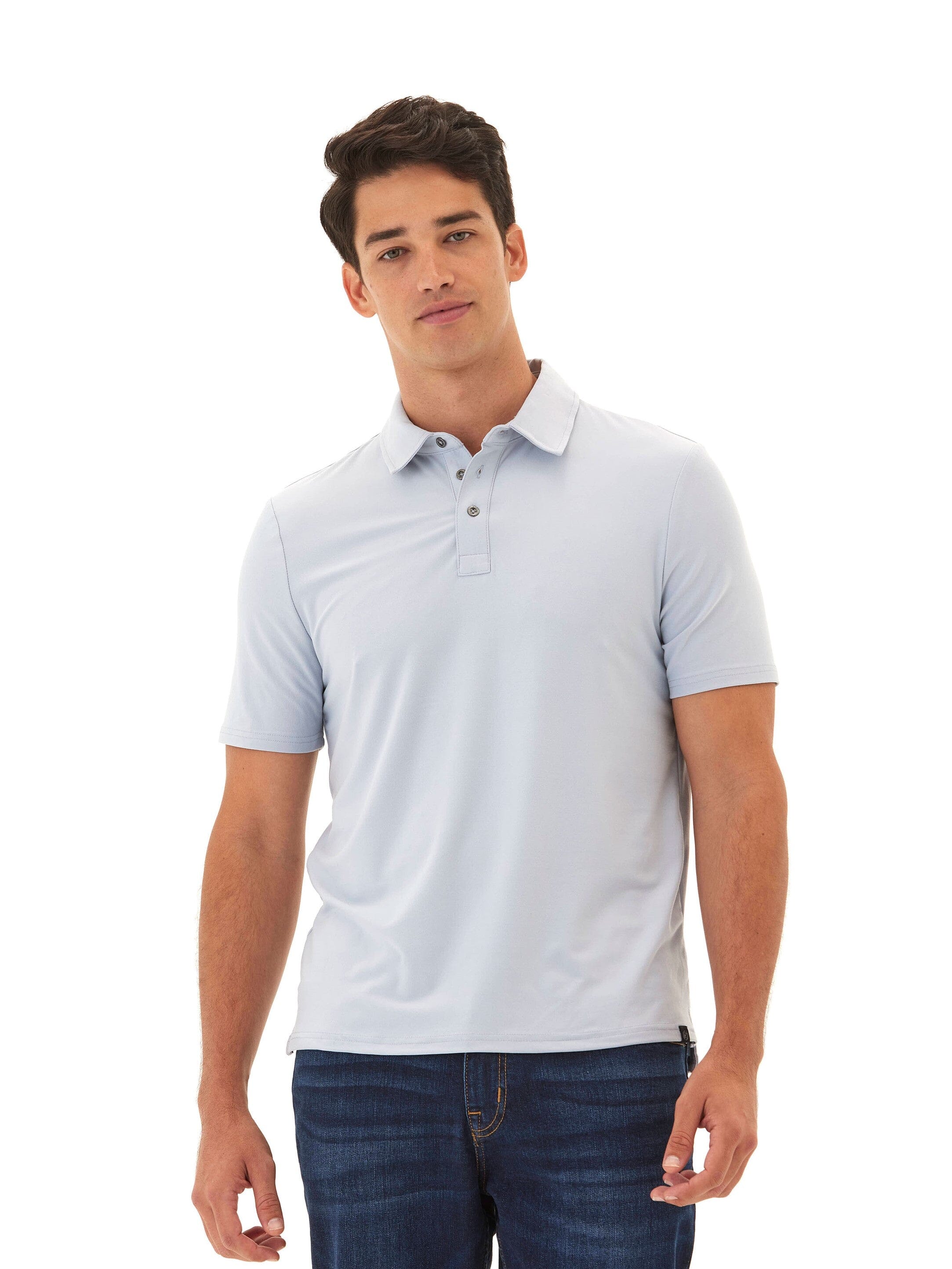 Men wearing a solid light-blue Henrique Luxe Jersey Polo in a minimalist style