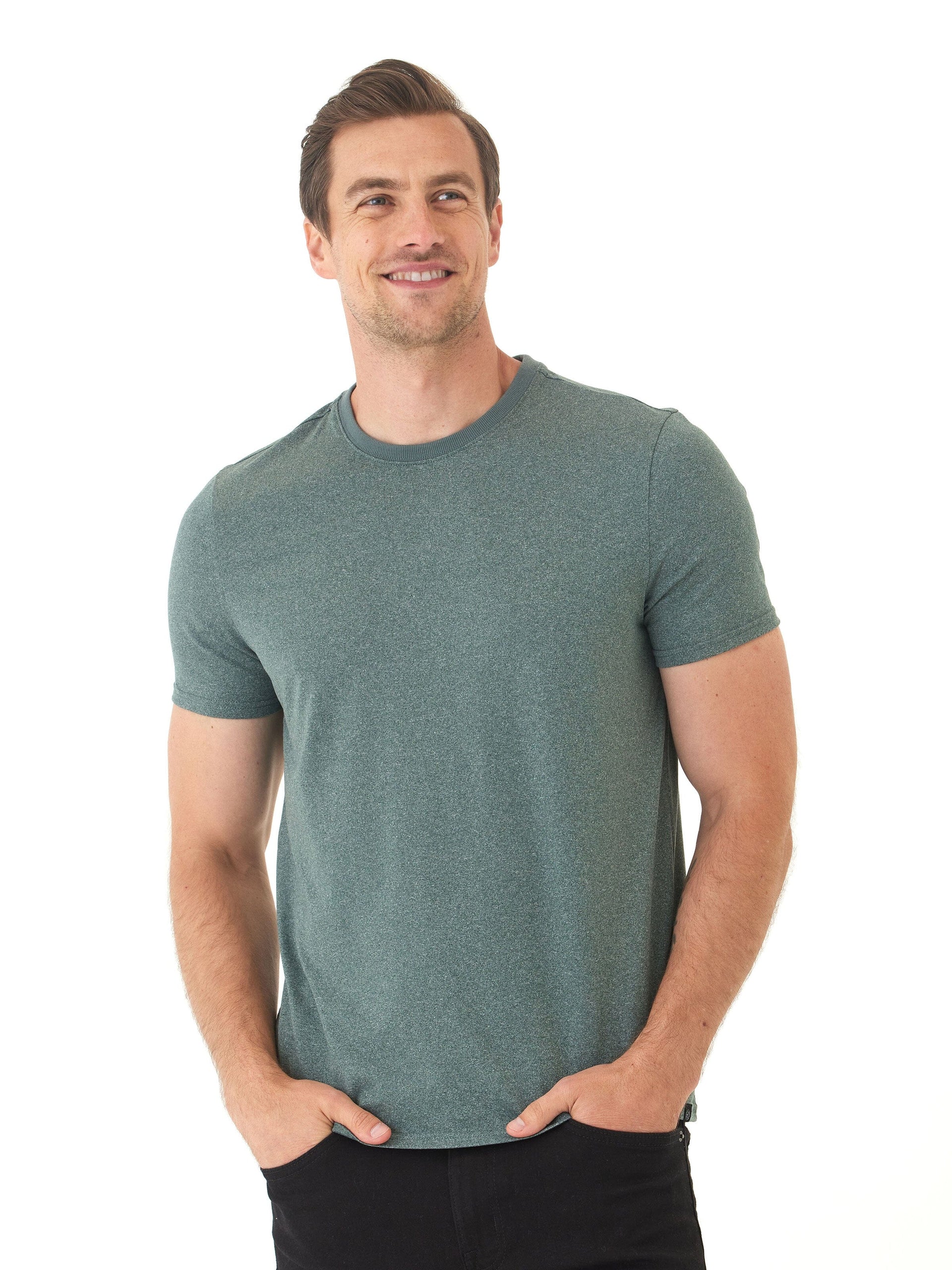 Men's green and grey Luxe Jersey crew neck tees featuring a minimalist solid knit design.