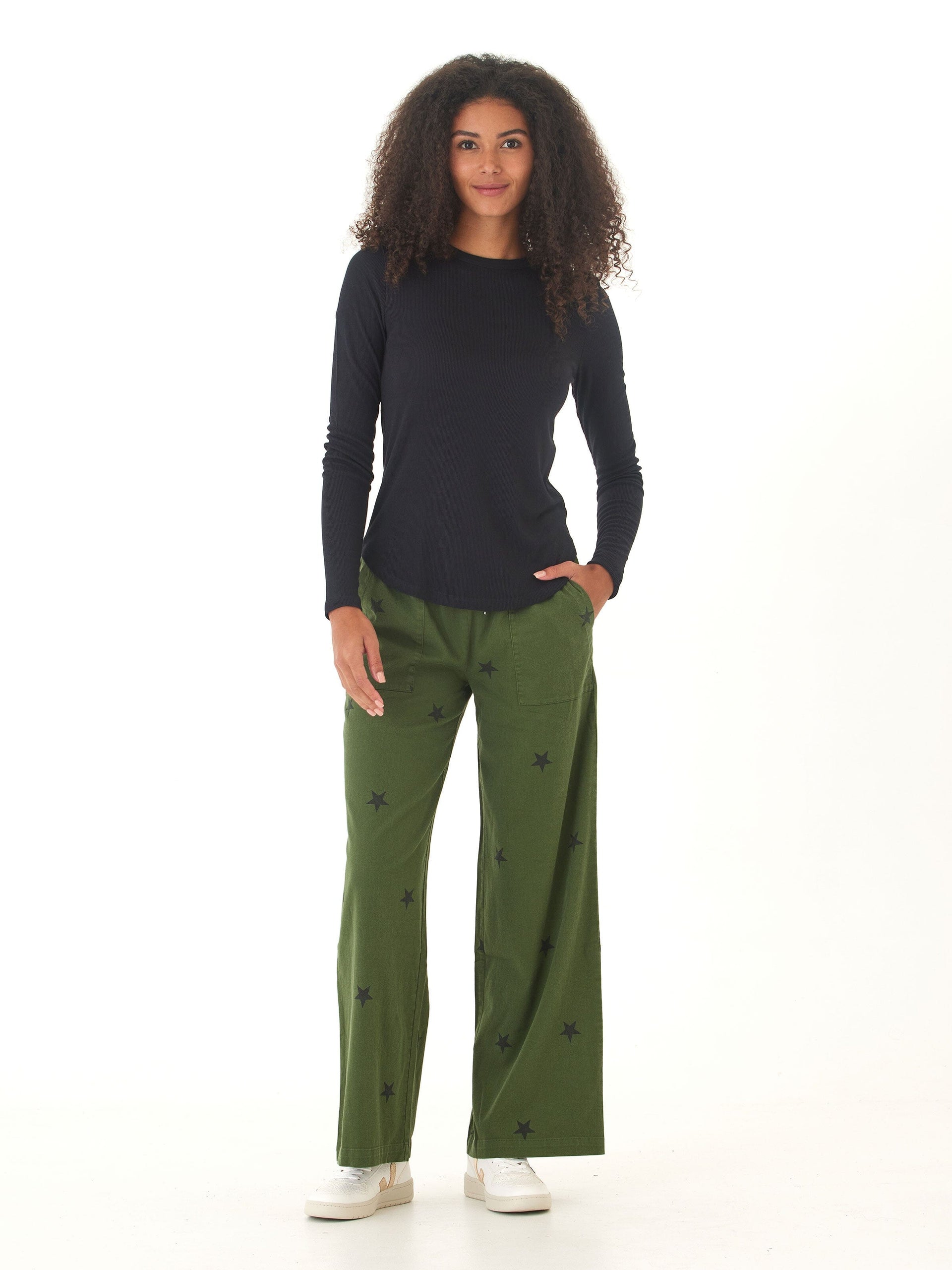 Torri Feather Rib Long Sleeve Crew Tee in Black