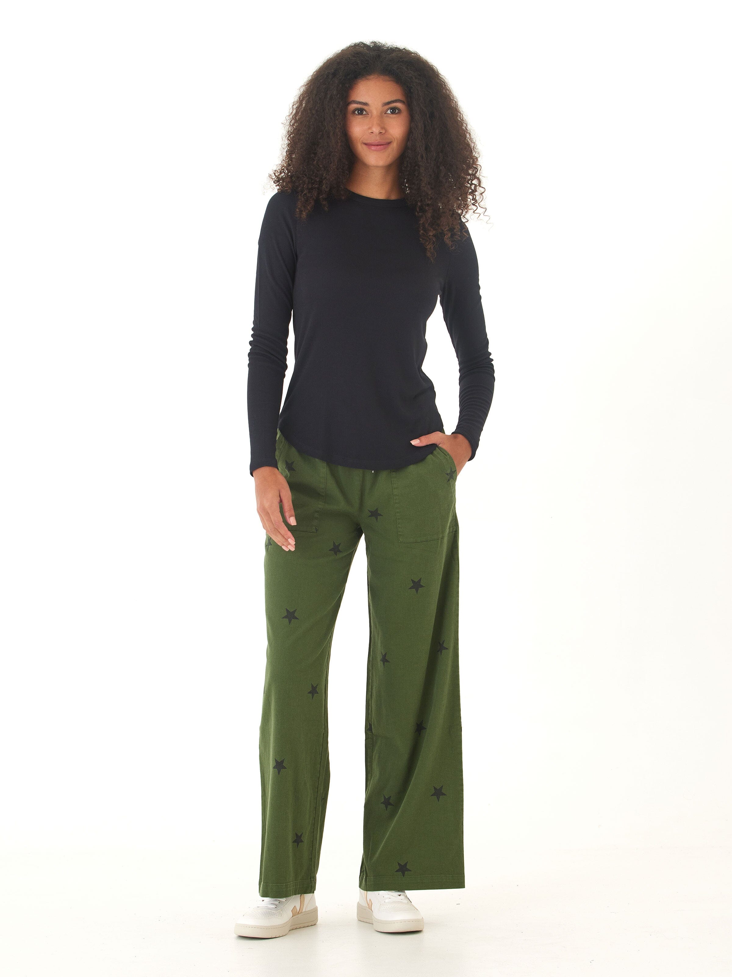 Torri Feather Rib Long Sleeve Crew Tee in Black