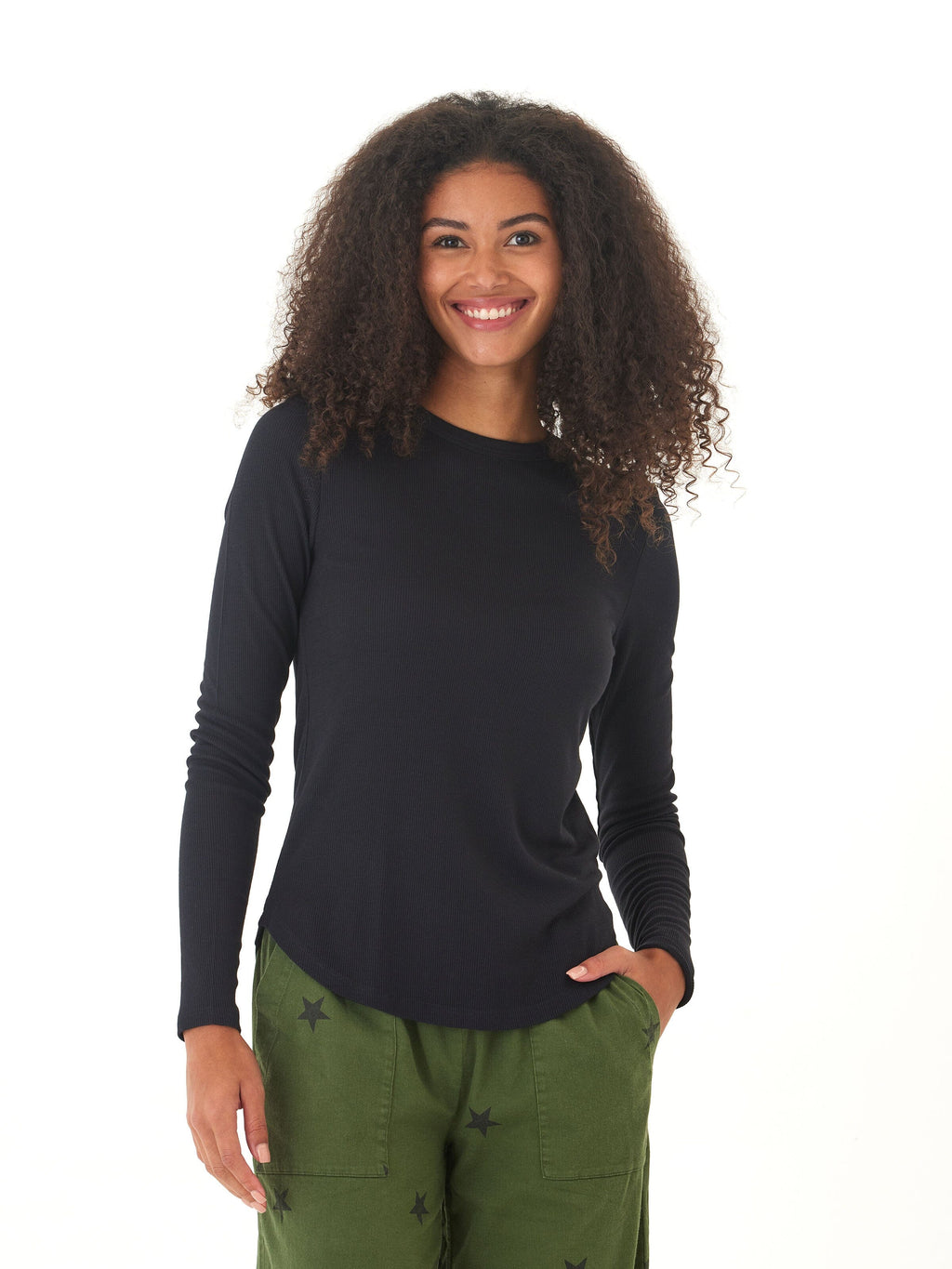 Torri Feather Rib Long Sleeve Crew Tee in Black