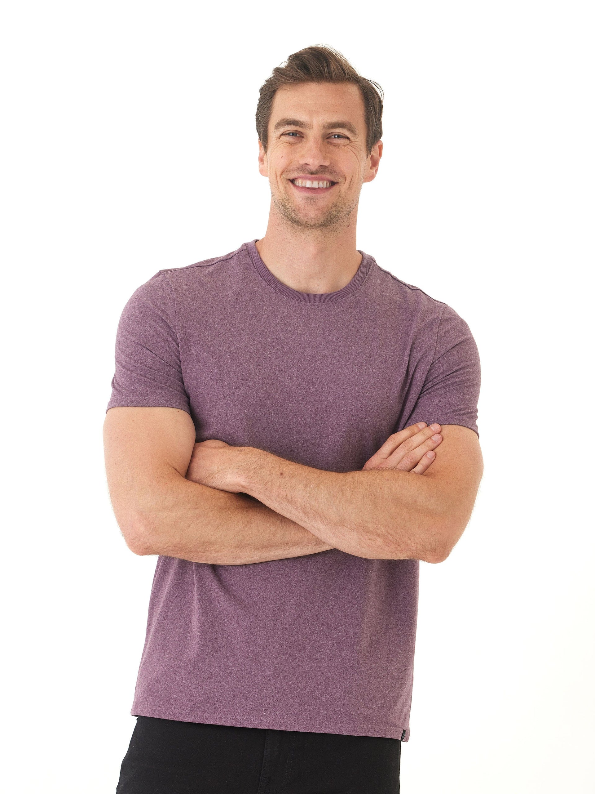 Men's Core Luxe Jersey crew neck t-shirt in purple and heathered-grey, minimalist essential style.