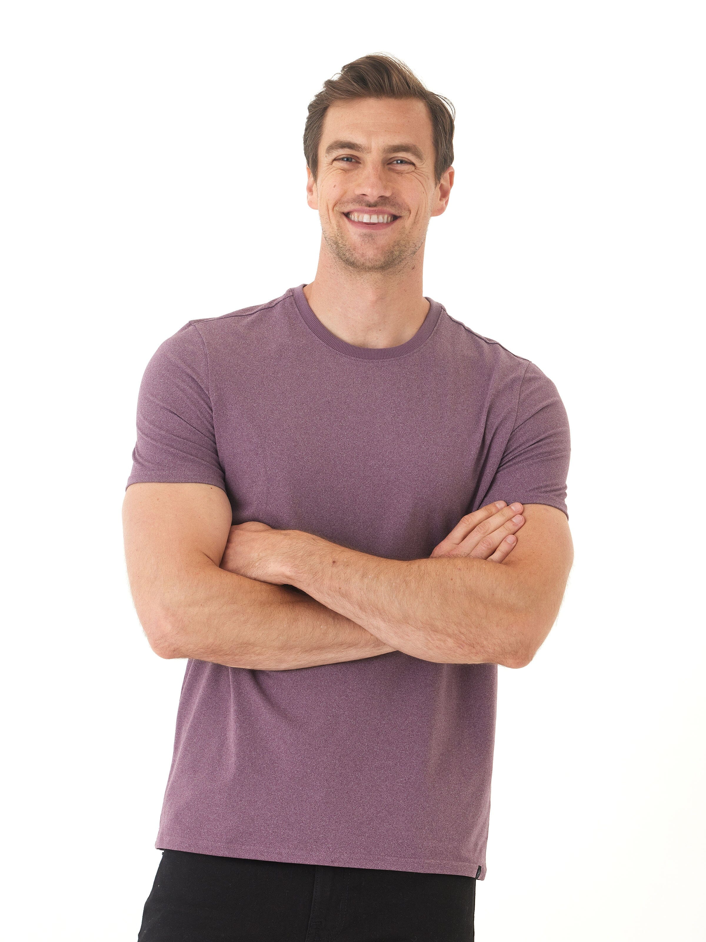 Men's Core Luxe Jersey crew neck t-shirt in purple and heathered-grey, minimalist essential style.