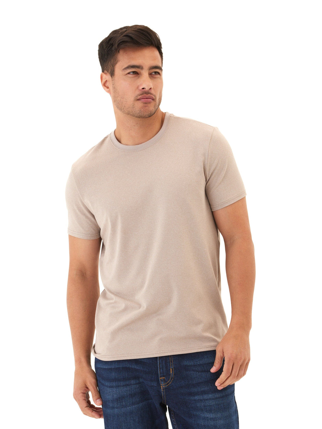 Men's Core Luxe Jersey Crew Neck Tee in beige, displaying the smooth fabric texture and classic crew neckline.