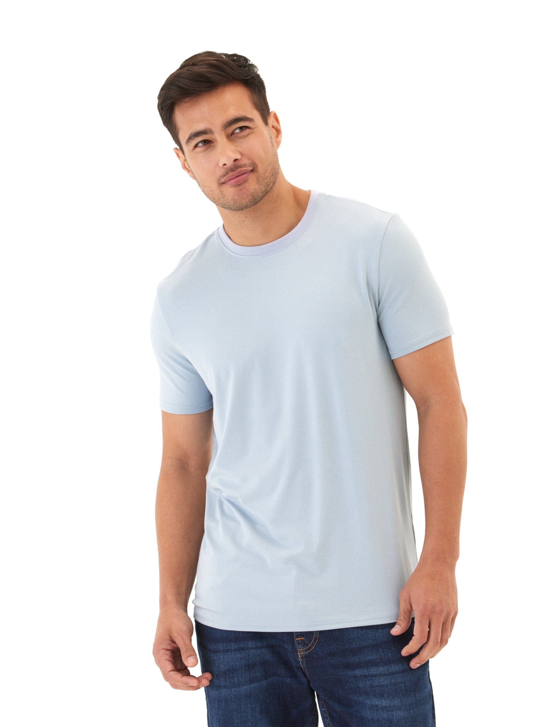 A man wearing a minimalist light blue Men's Core Luxe Jersey crew neck tee with a straight fit.