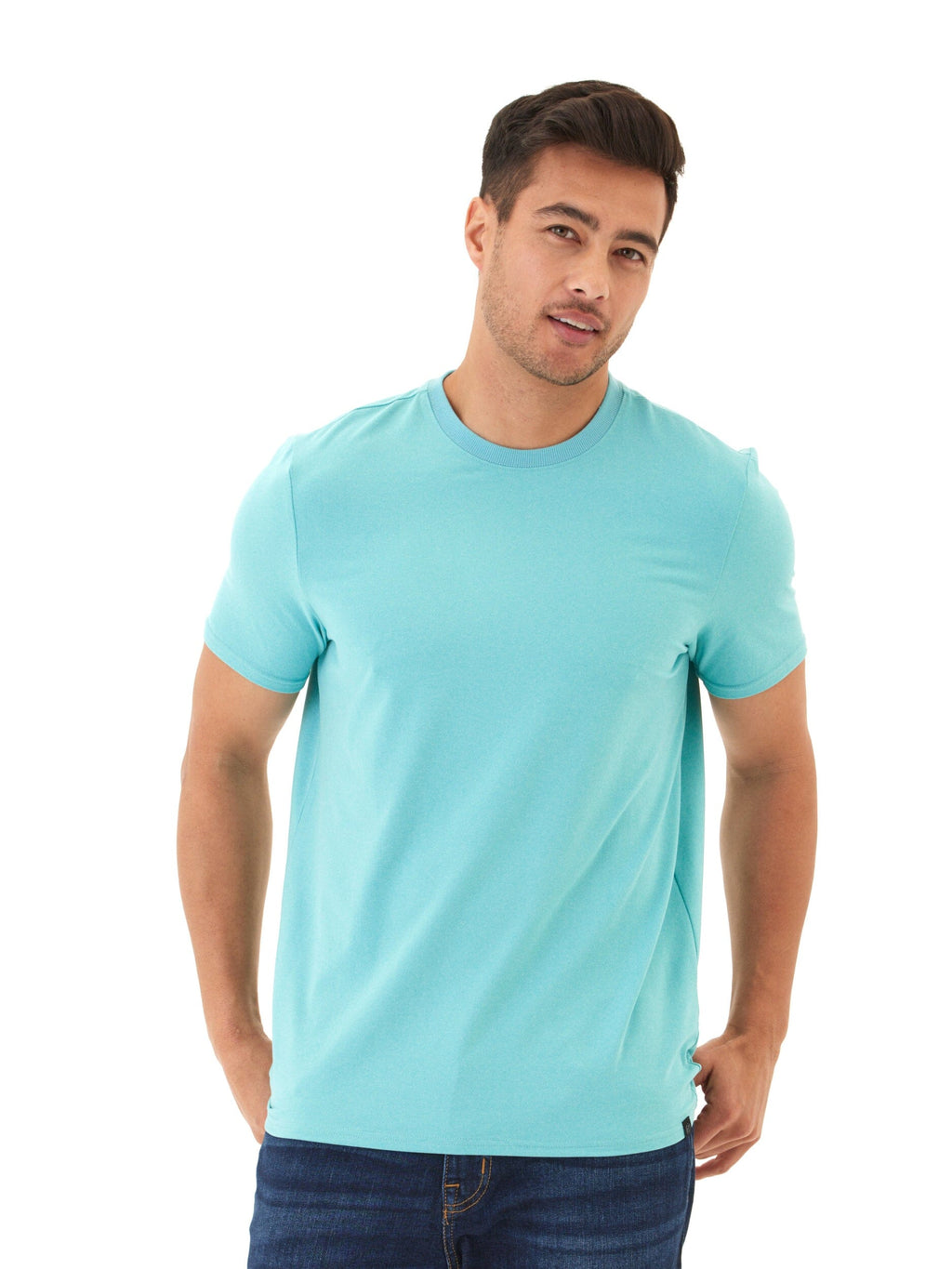 Men wearing a solid color luxe jersey crew neck t-shirt