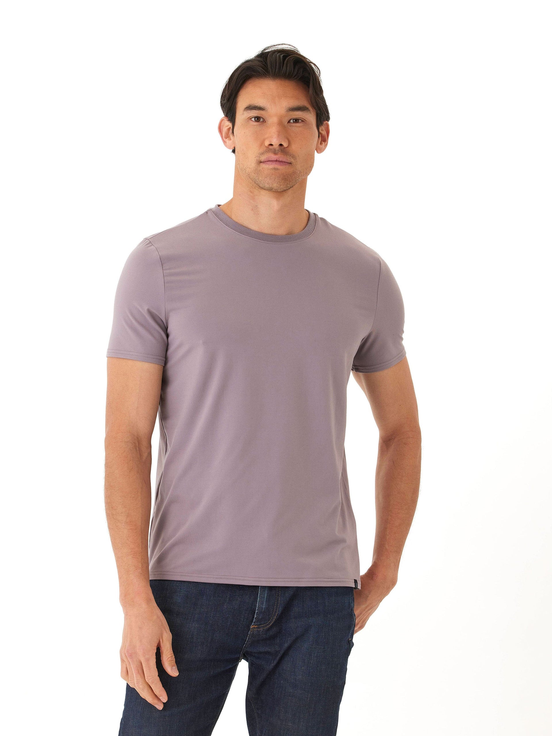 Men's core luxe jersey crew neck tee in muted purple showing smooth knit texture