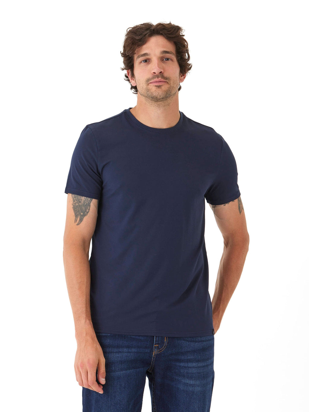 Men's Core Luxe Jersey Crew Neck Tee in navy blue with a smooth, breathable knit finish.