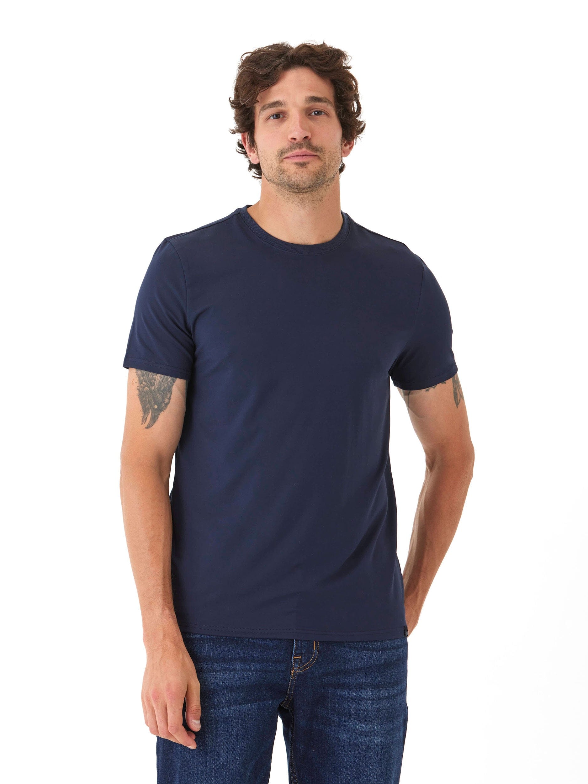 Men's Core Luxe Jersey Crew Neck Tee in navy blue with a smooth, breathable knit finish.