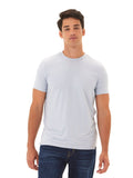 Close-up of a men's Luxe Jersey crew neck tee in pale blue showing the smooth knit texture.