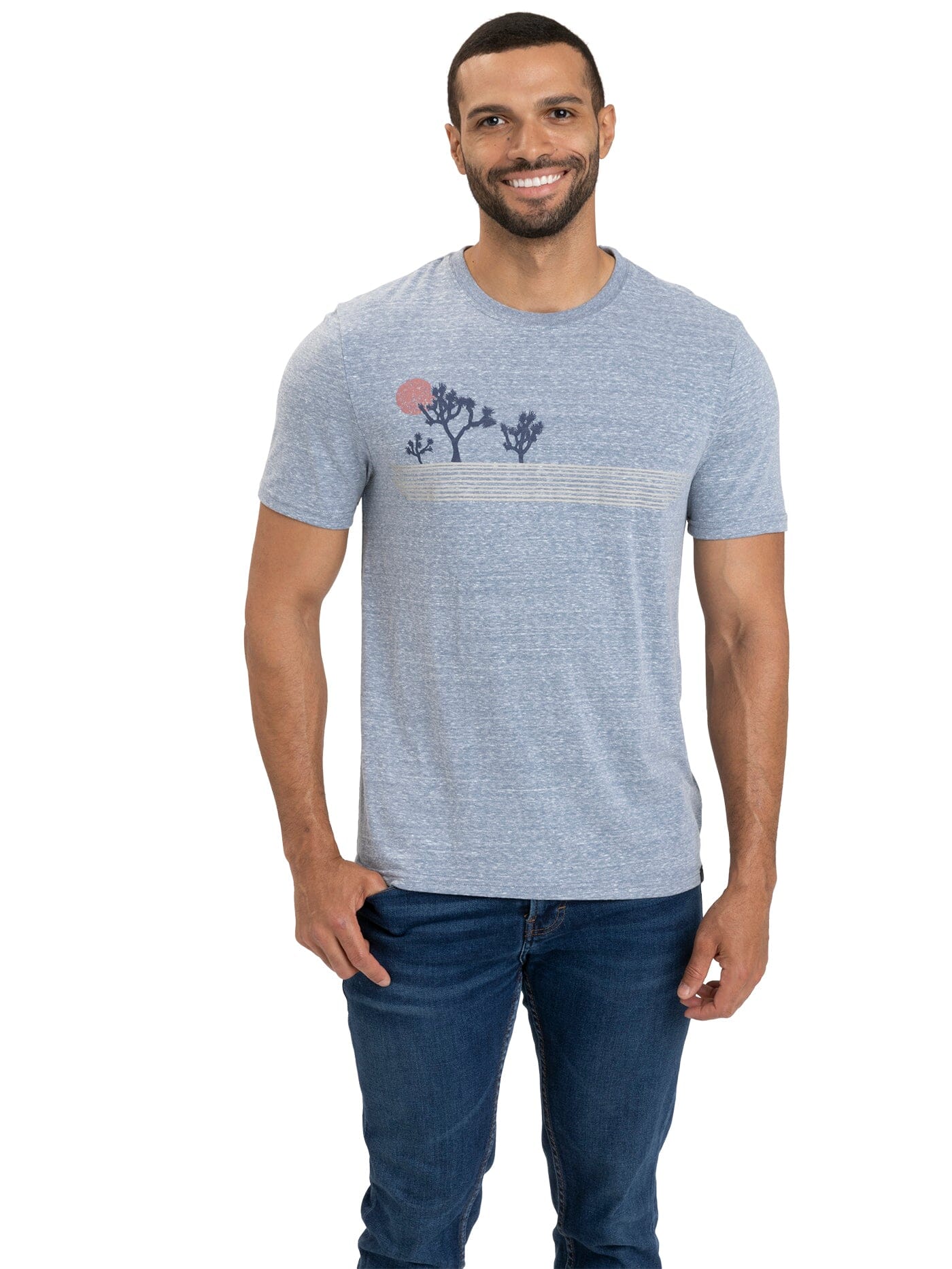 Yucca Basin graphic t-shirt featuring a hand-drawn outdoor design, available in blue and grey.