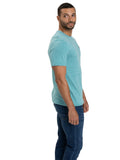 Men's triblend knit tee in teal and white with small mountain nature embroidery detail on the chest.