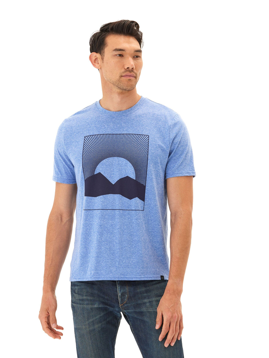 Men's blue knit graphic tee featuring a Desert Sunrise hand-drawn design