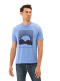 Men's blue knit graphic tee featuring a Desert Sunrise hand-drawn design