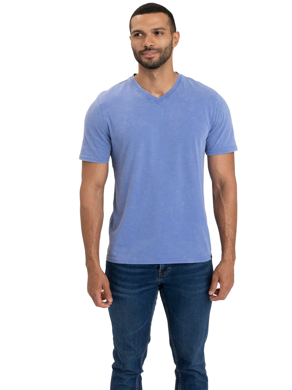 Close up of a men's blue mineral wash jersey v-neck tee featuring soft cotton fabric and a vintage-inspired finish.