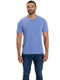 Close up of a men's blue mineral wash jersey v-neck tee featuring soft cotton fabric and a vintage-inspired finish.