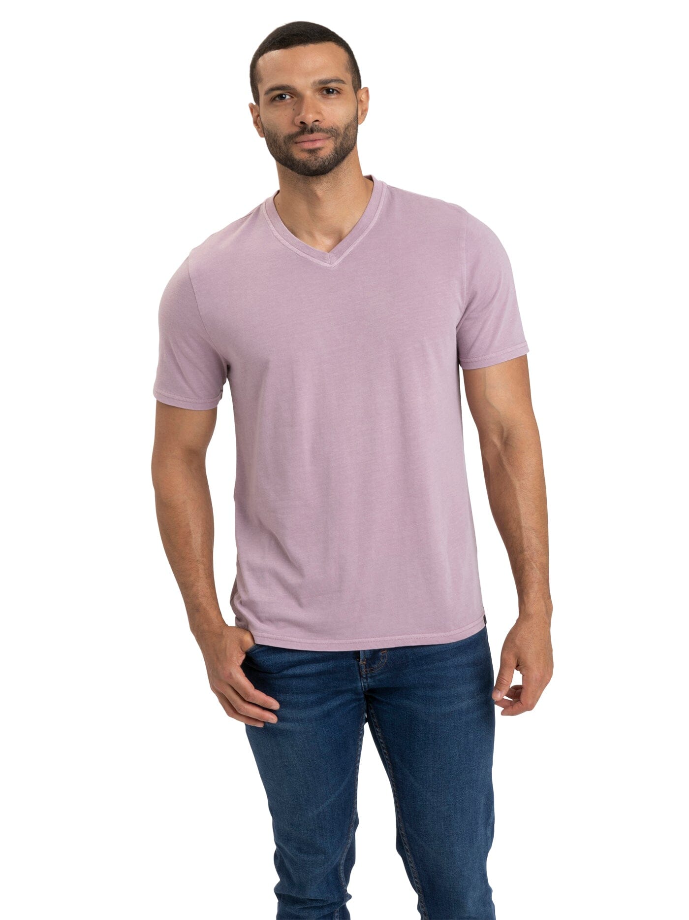 Men's Mineral Wash Jersey V-Neck Tee in Muted Mauve and Lavender