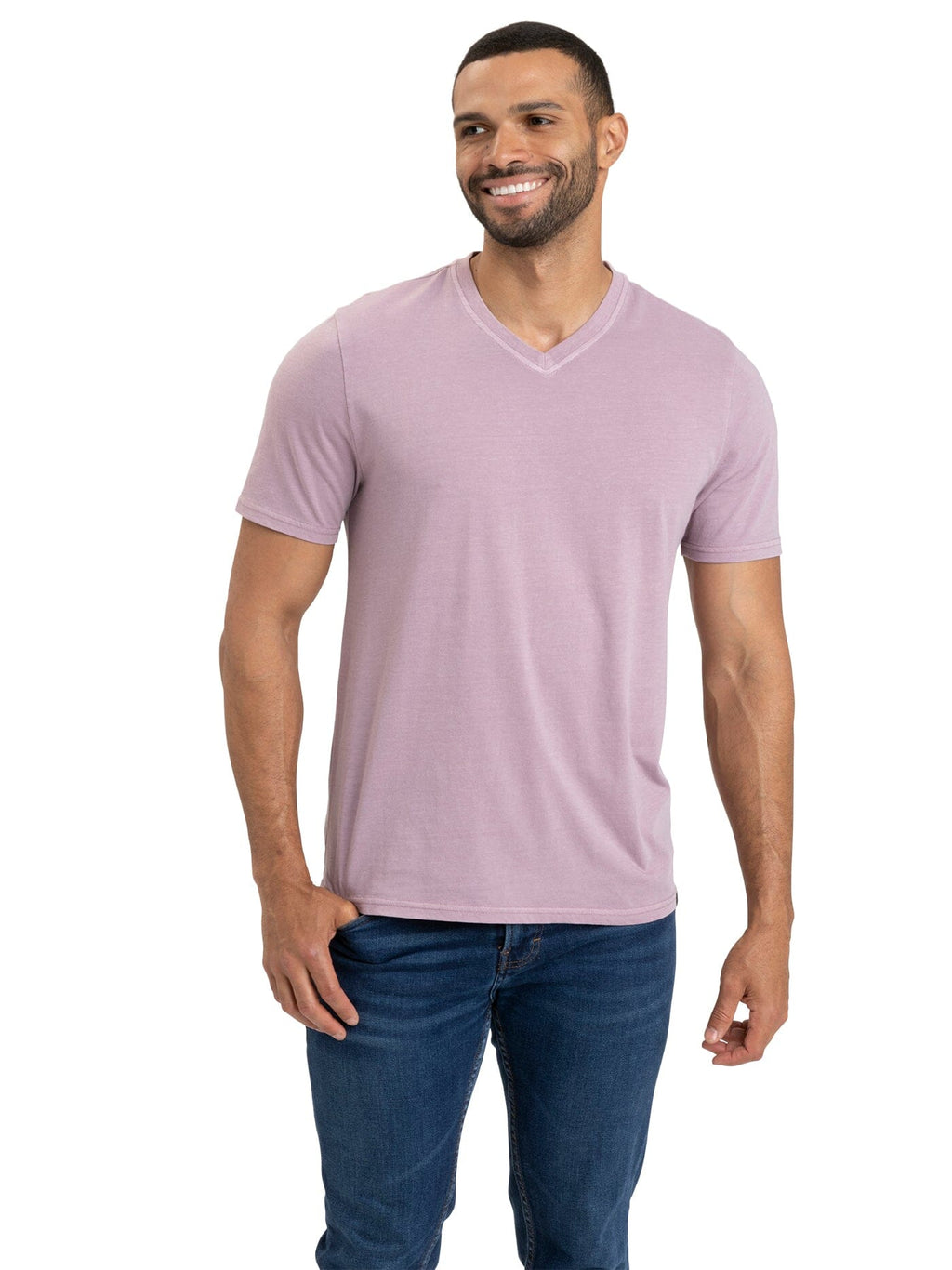Men's Mineral Wash Jersey V-Neck Tee in Muted Mauve and Lavender, featuring a soft knit texture.