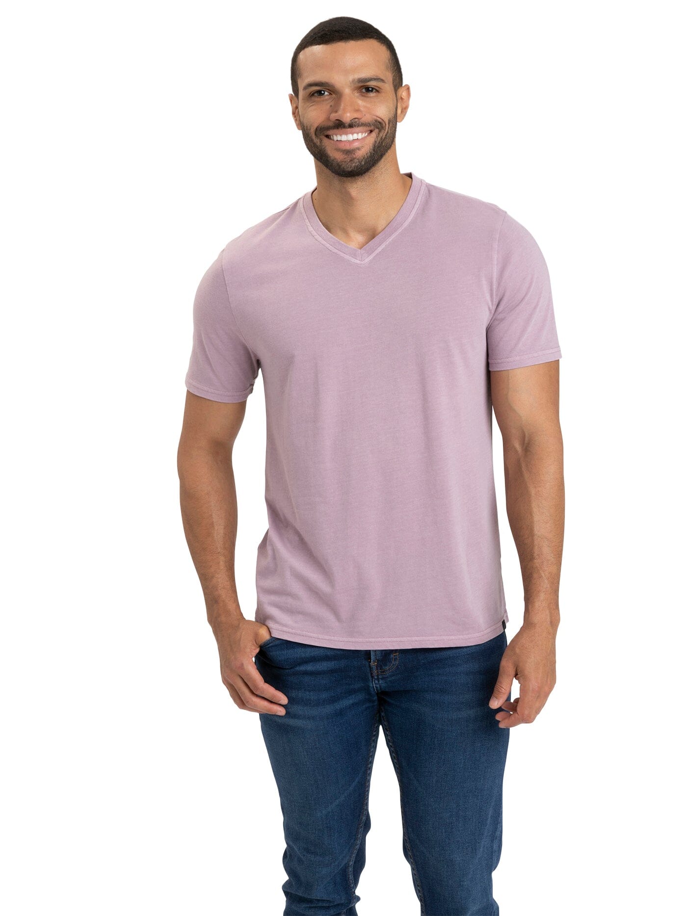Men's Mineral Wash Jersey V-Neck Tee in Muted Mauve and Lavender