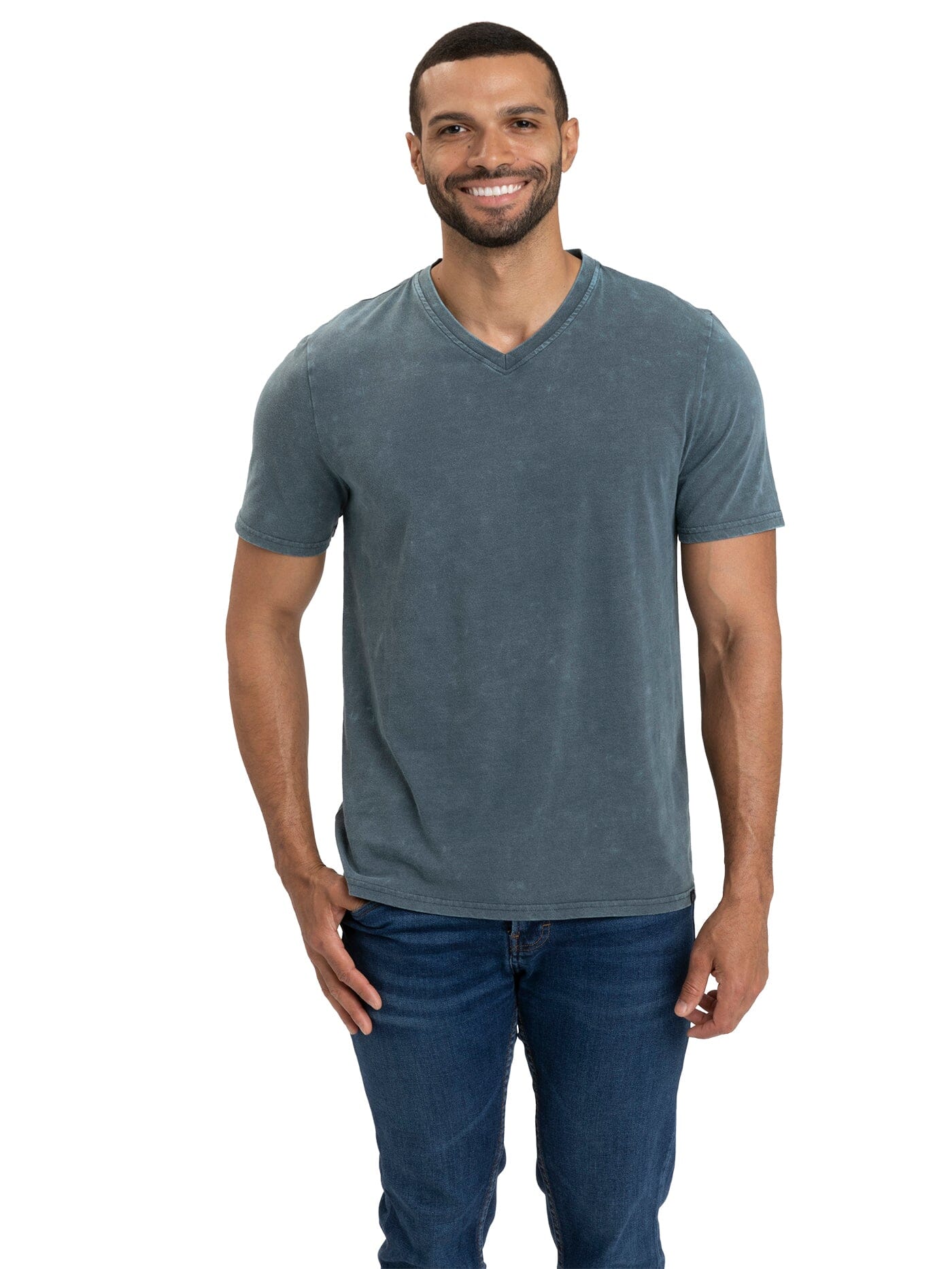 Men wearing a blue-grey mineral wash jersey V-neck tee with a casual fit.