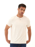 A men's cream-colored 2-button henley shirt made from soft knit jersey fabric.