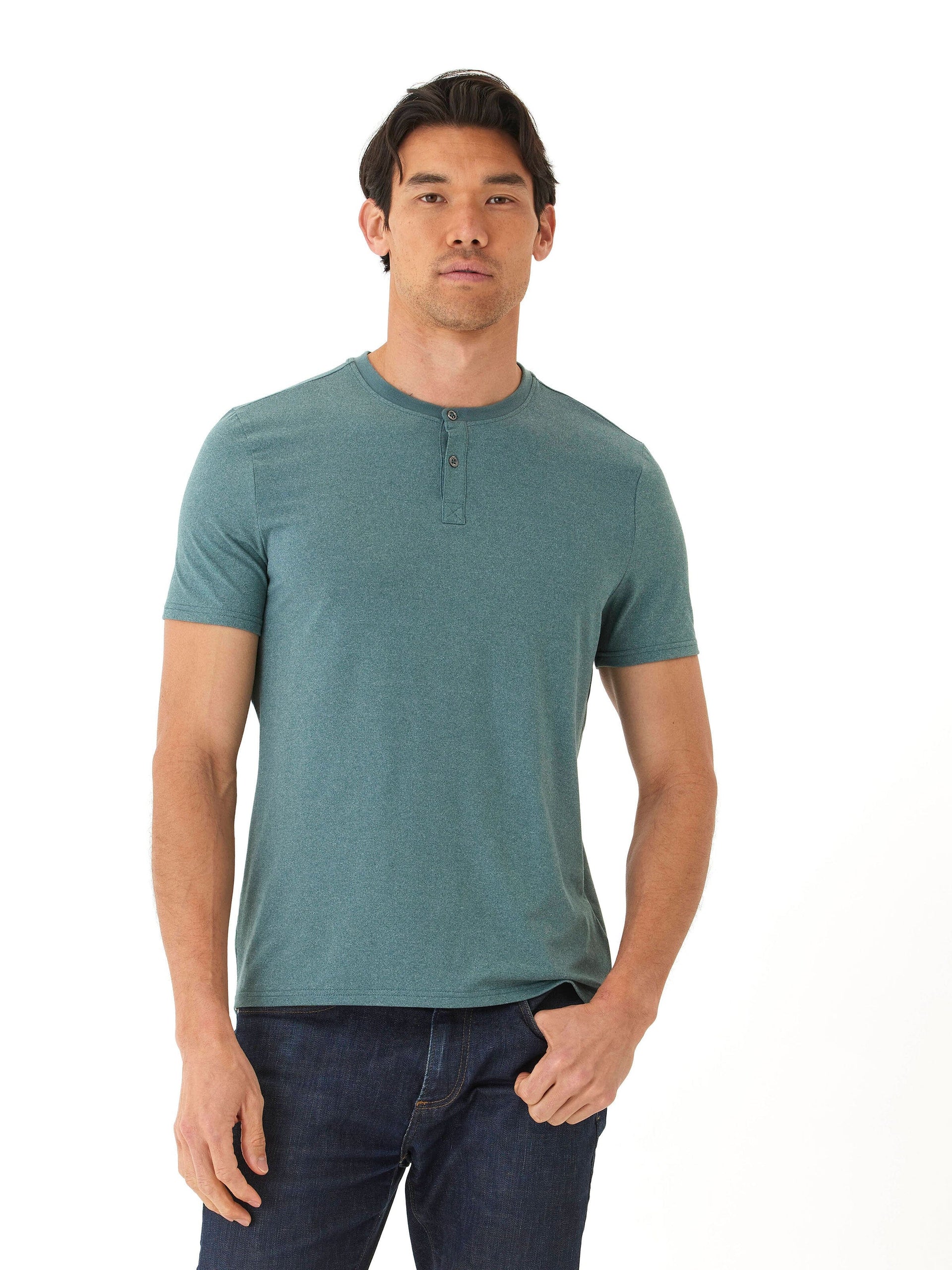 Close up of the Frederick Luxe Jersey 2-Button Henley showing fabric texture and button detail