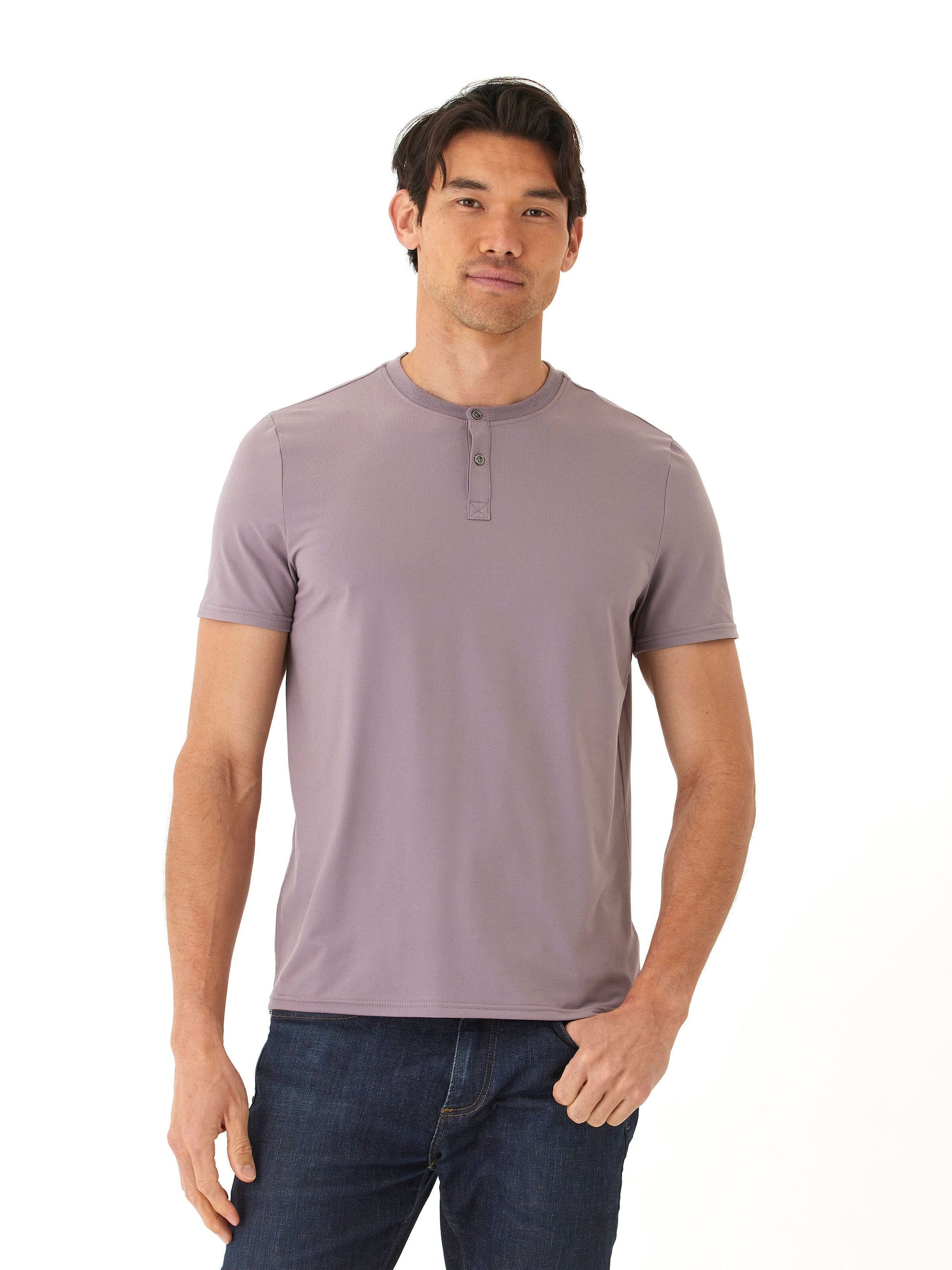 Men's Frederick Luxe Jersey 2 Button Henley in muted purple, featuring a classic knit texture and two-button placket.