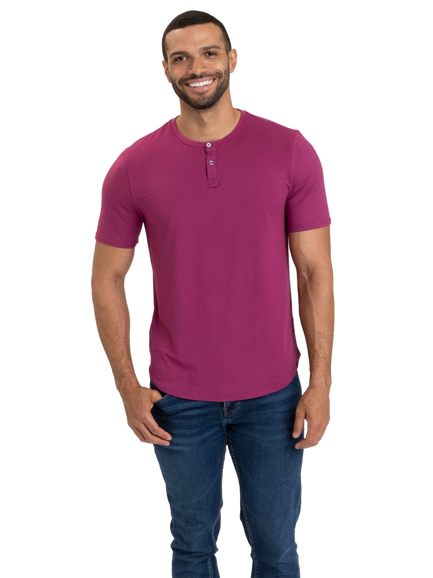 Close up of the Frederick Luxe Jersey 2 Button Henley showing the soft fabric texture and button placket detail