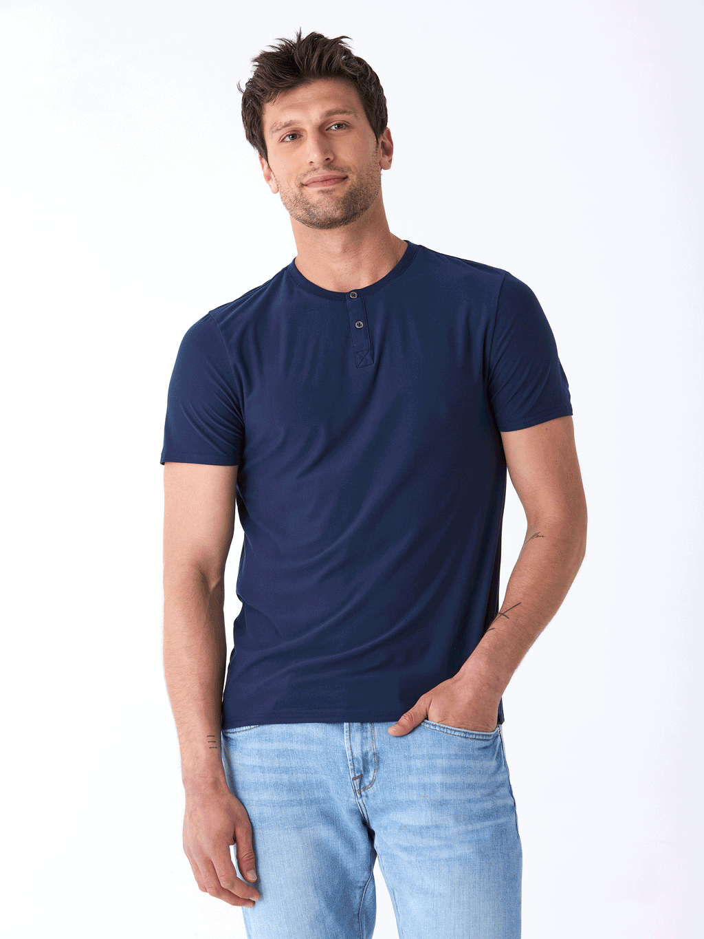 Frederick Luxe Jersey 2-button henley tee in a soft, stretchy fabric.