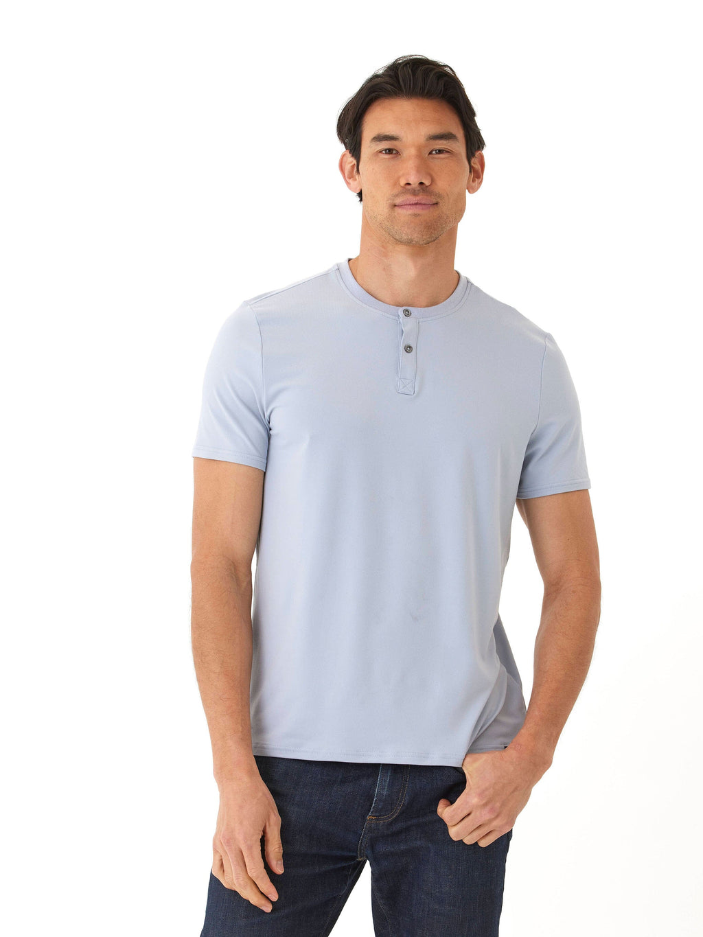 Close up of a men's light blue Luxe Jersey 2-button henley shirt featuring a soft knit texture.