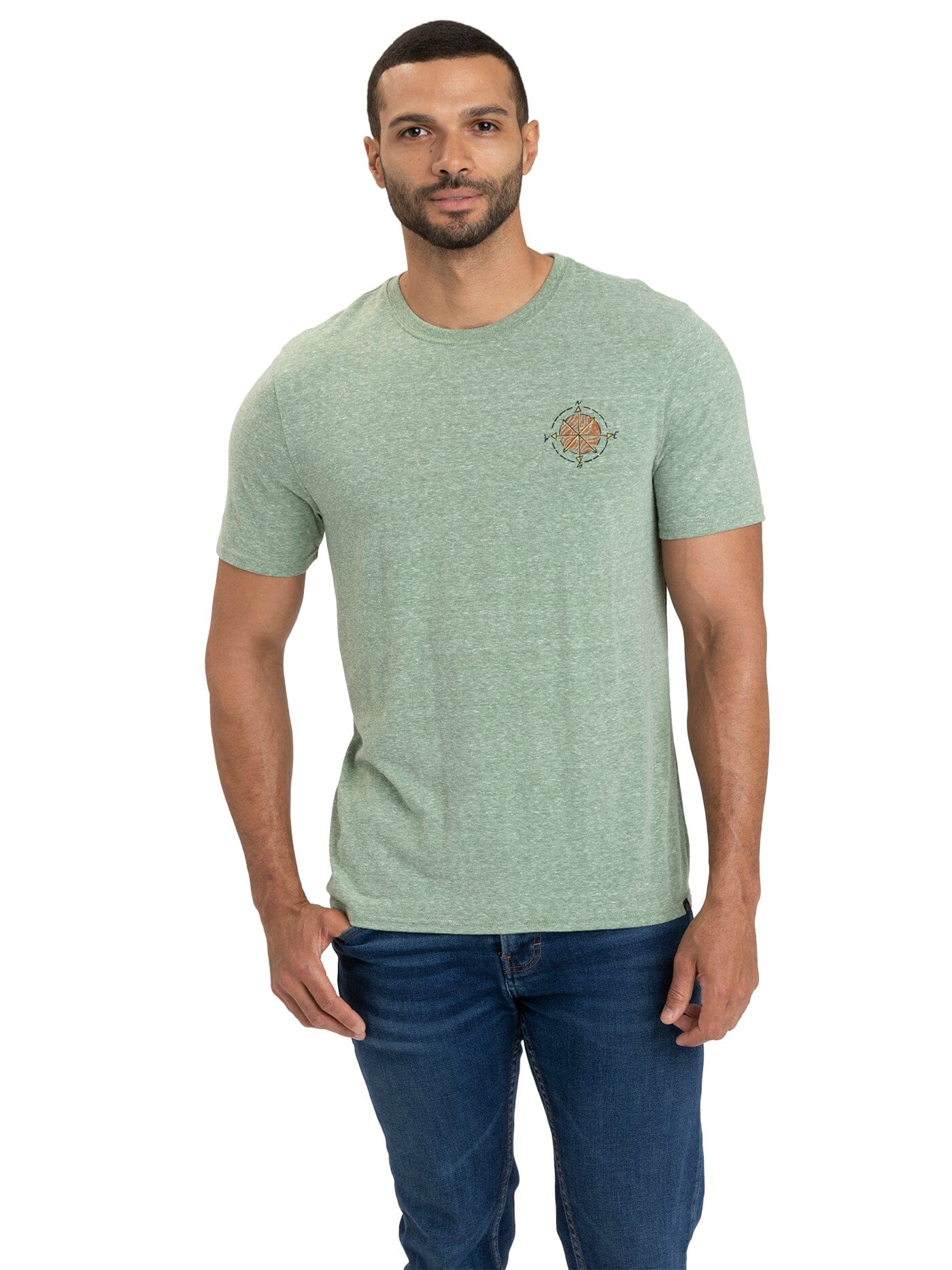 Mountain Crest graphic tee featuring small embroidery in green and orange.