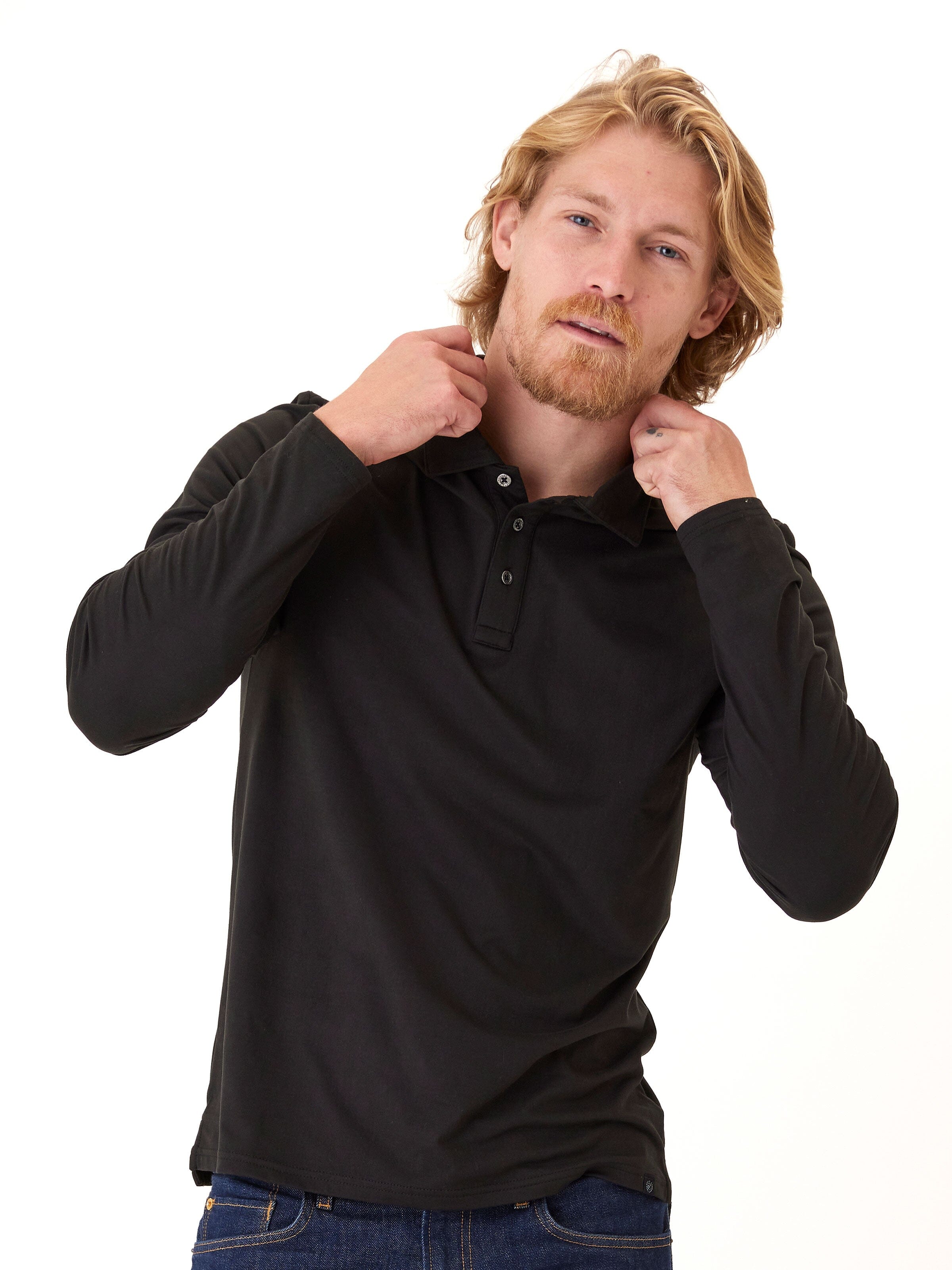 Luxe Jersey Long Sleeve Polo in Black