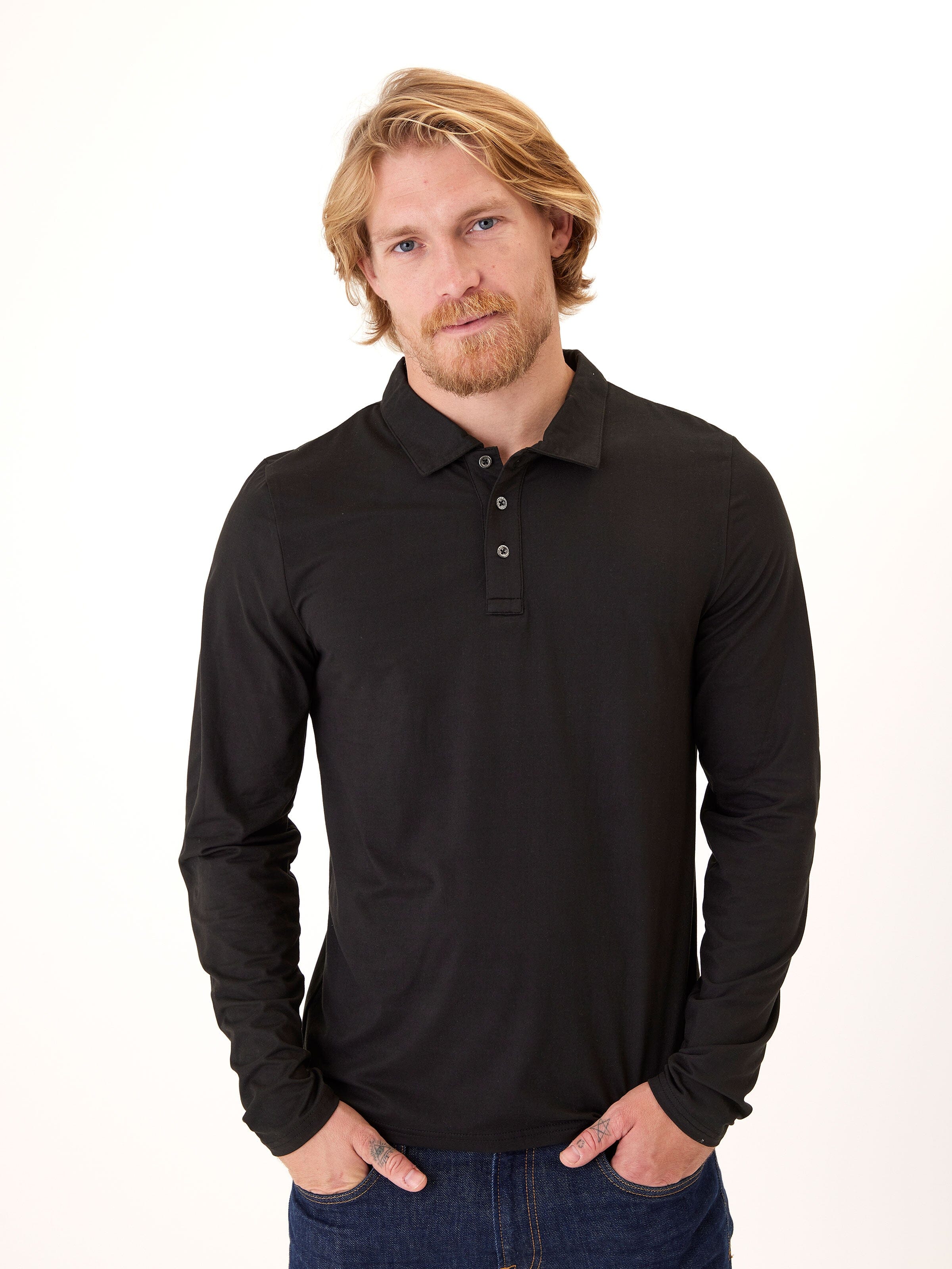 Luxe Jersey Long Sleeve Polo in Black