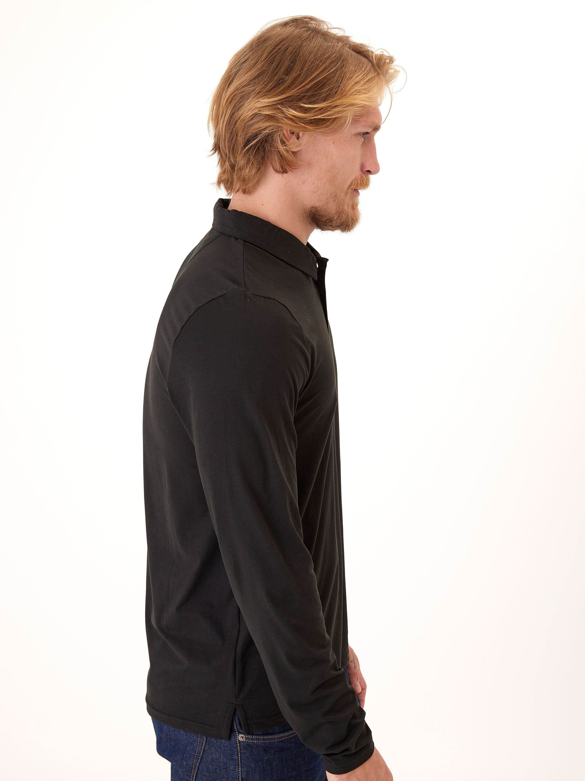 Luxe Jersey Long Sleeve Polo in Black
